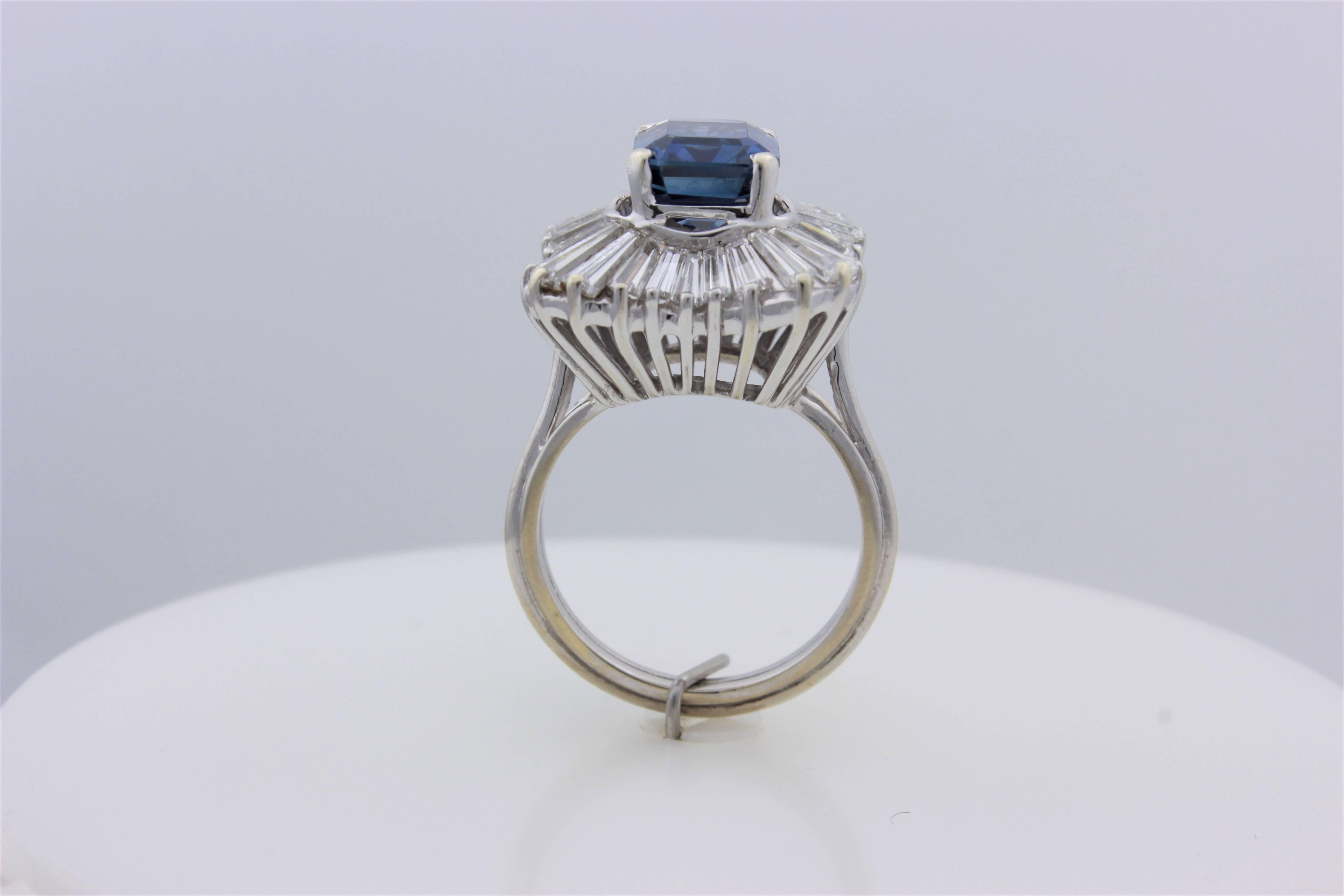 Contemporary 18kt White Gold 3 1/2 ct Sapphire and 4 ct Baguette Diamond Ballerina Style Ring For Sale