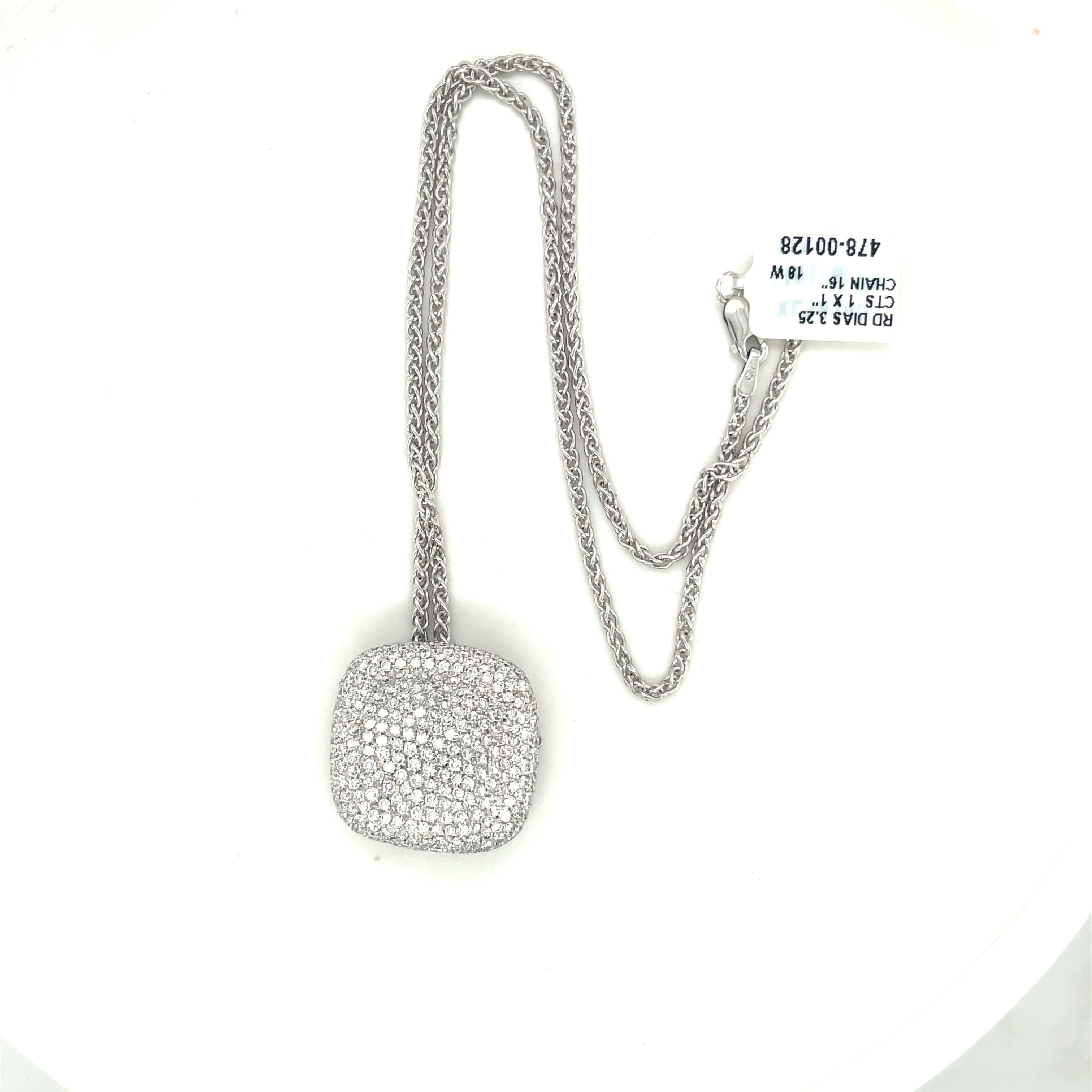 18KT White Gold 3.25Ct Diamond Cushion Shaped Pendant In New Condition For Sale In New York, NY