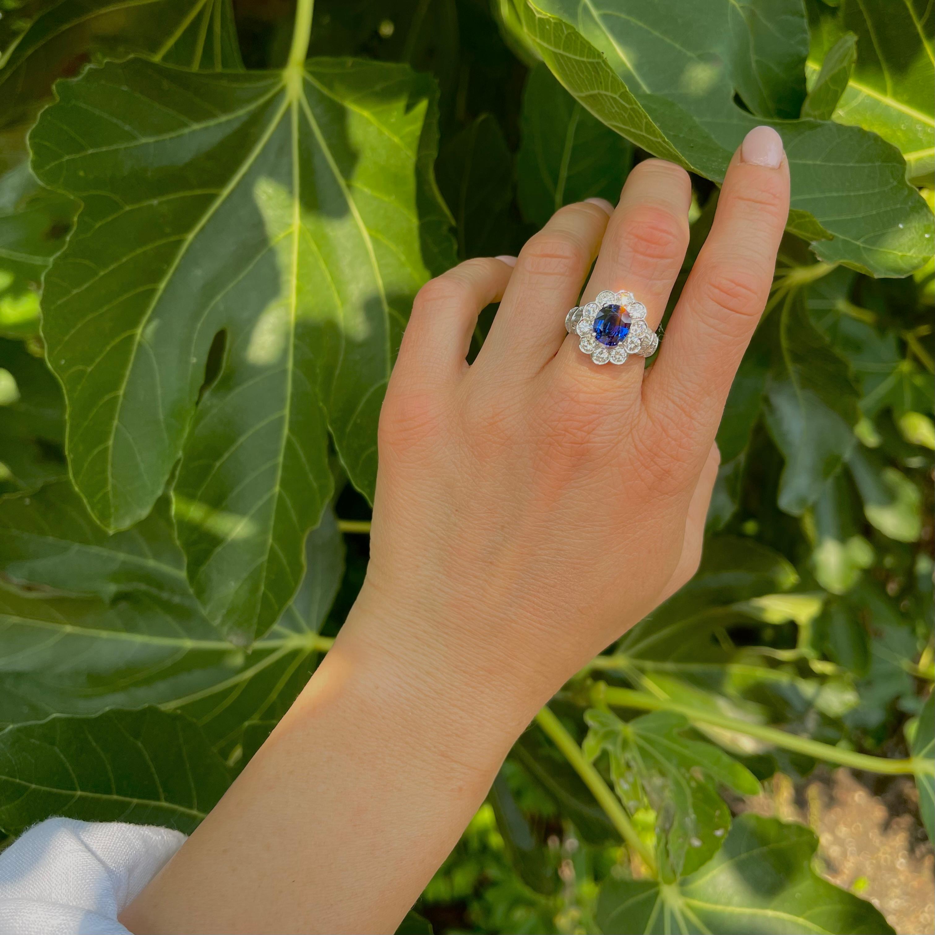 18kt White Gold 3.30 Carat Oval Blue Sapphire Cluster Ladies Ring with Diamonds For Sale 6