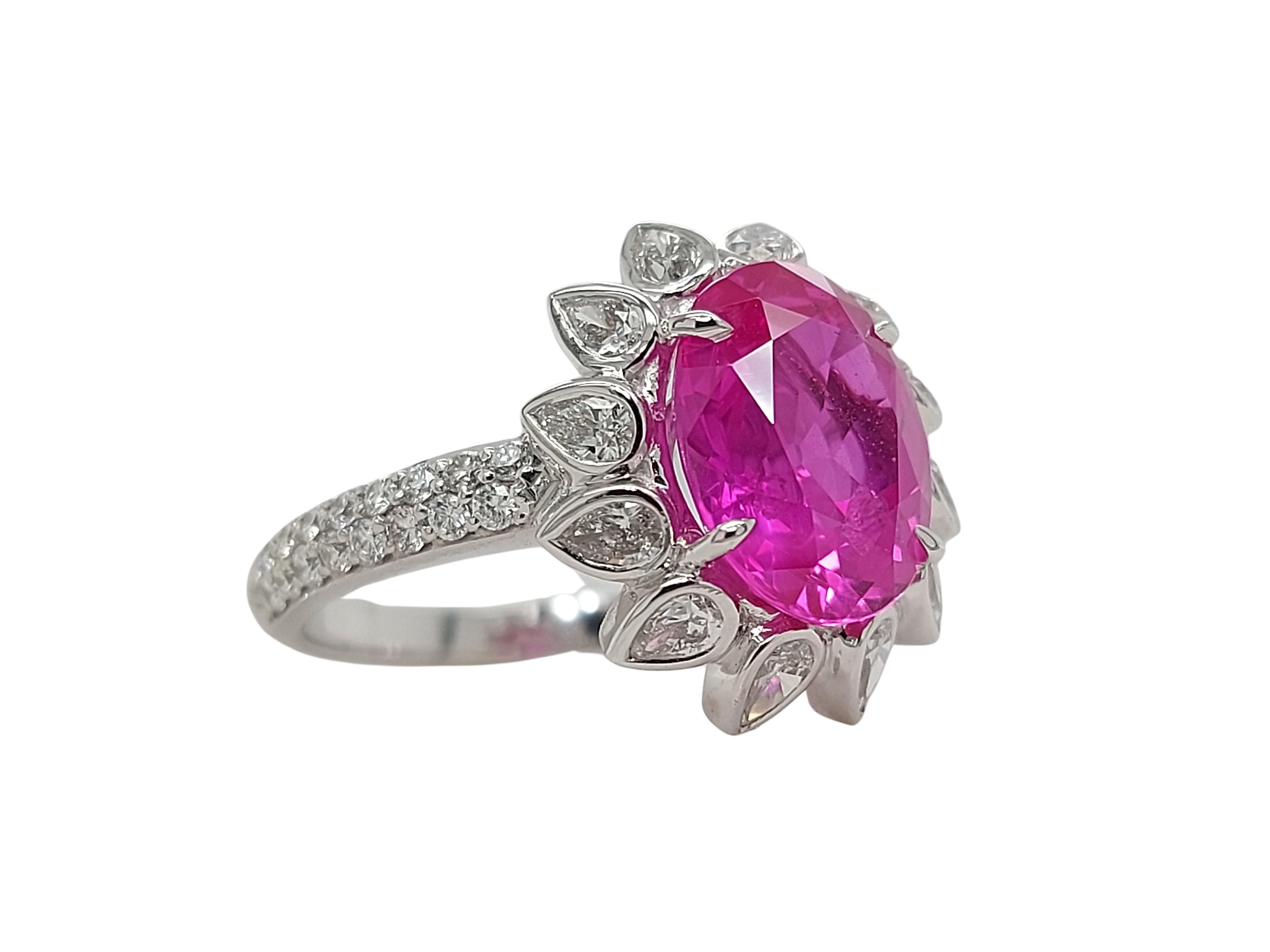 18kt White Gold 3.5 Ct Burma NH Pink Sapphire & Diamonds Ring, SSEF Certificate For Sale 4