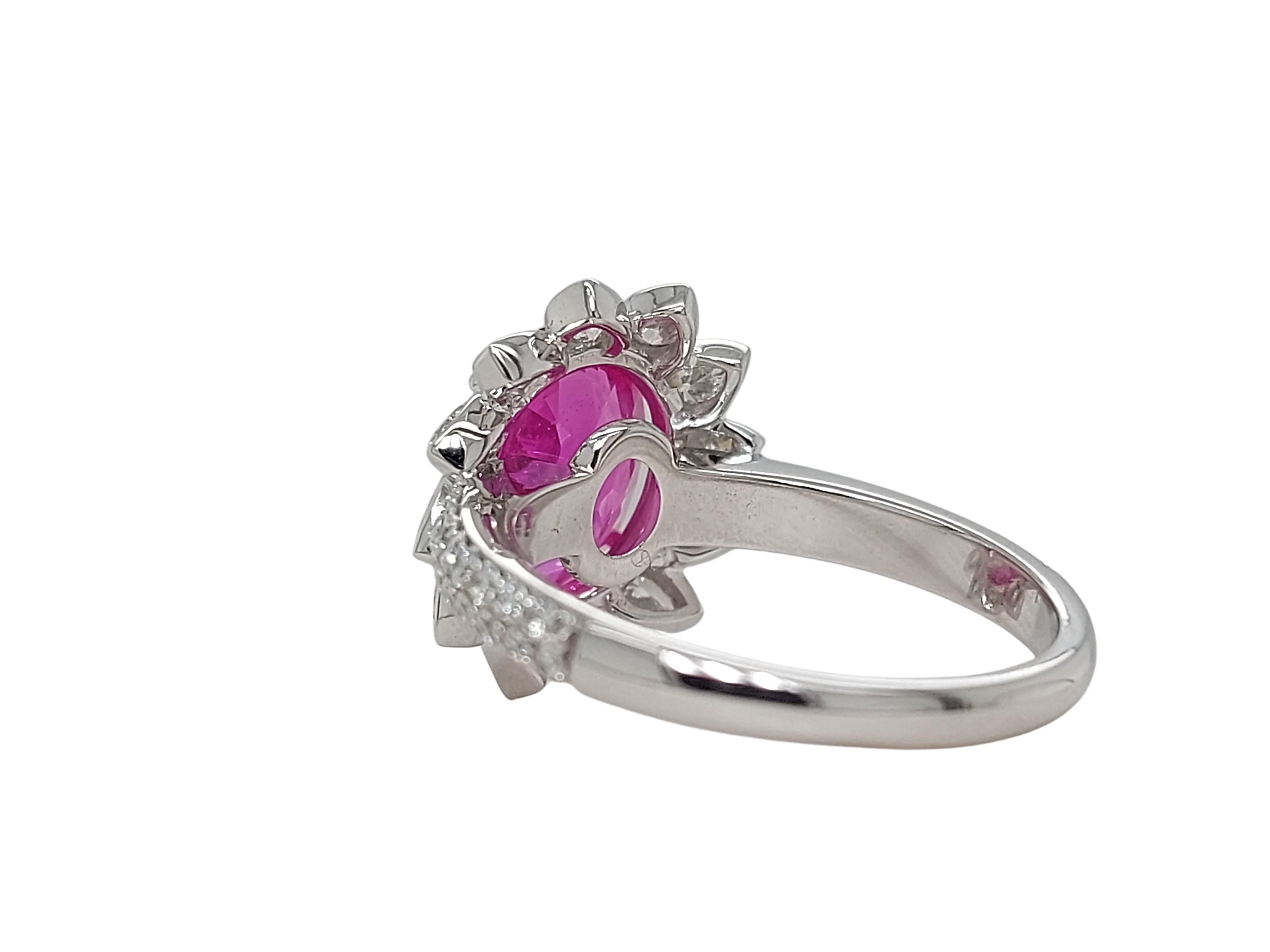 18kt White Gold 3.5 Ct Burma NH Pink Sapphire & Diamonds Ring, SSEF Certificate For Sale 6