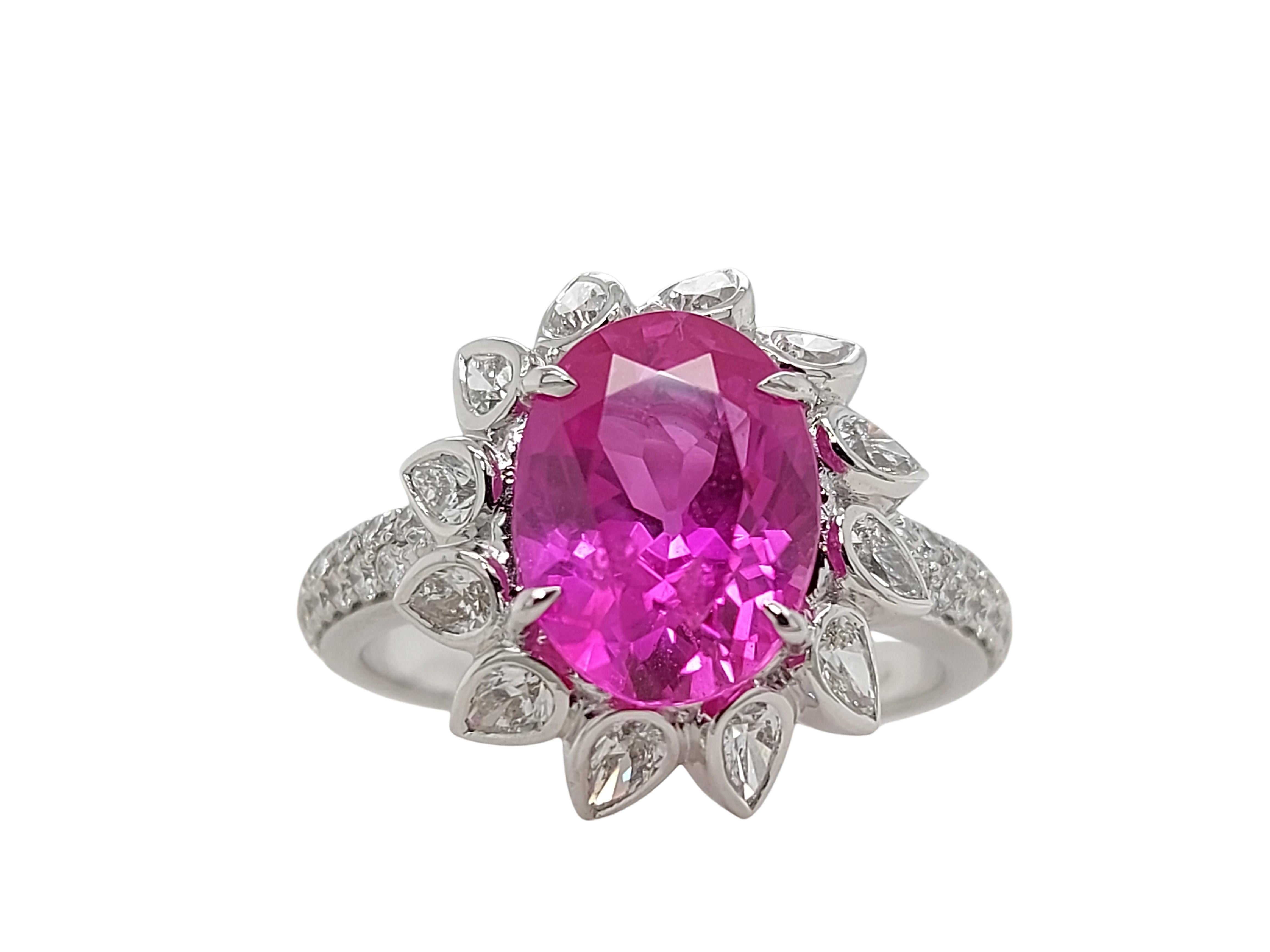 18kt White Gold 3.5 Ct Burma NH Pink Sapphire & Diamonds Ring, SSEF Certificate For Sale 7