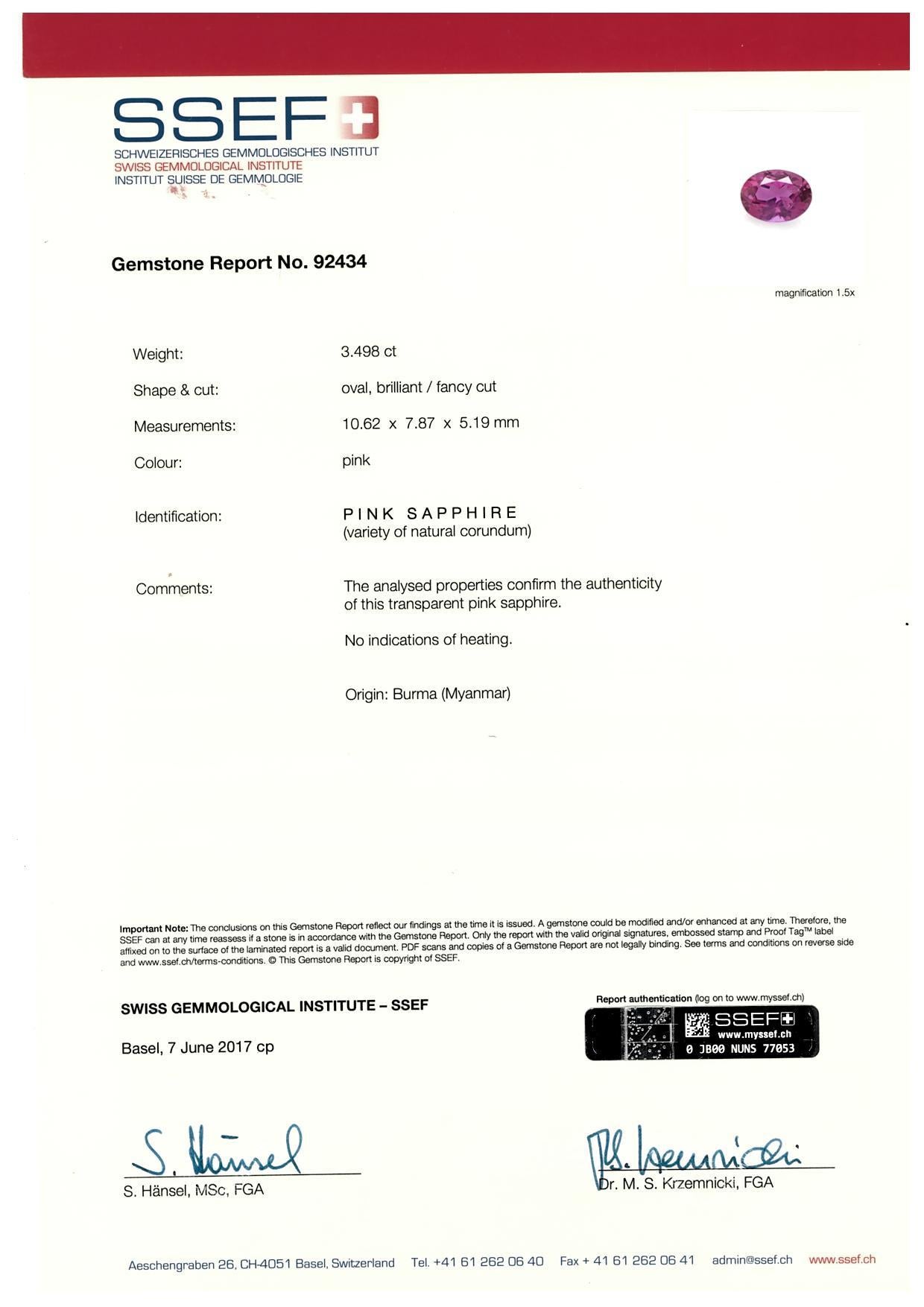 18kt White Gold 3.5 Ct Burma NH Pink Sapphire & Diamonds Ring, SSEF Certificate For Sale 8