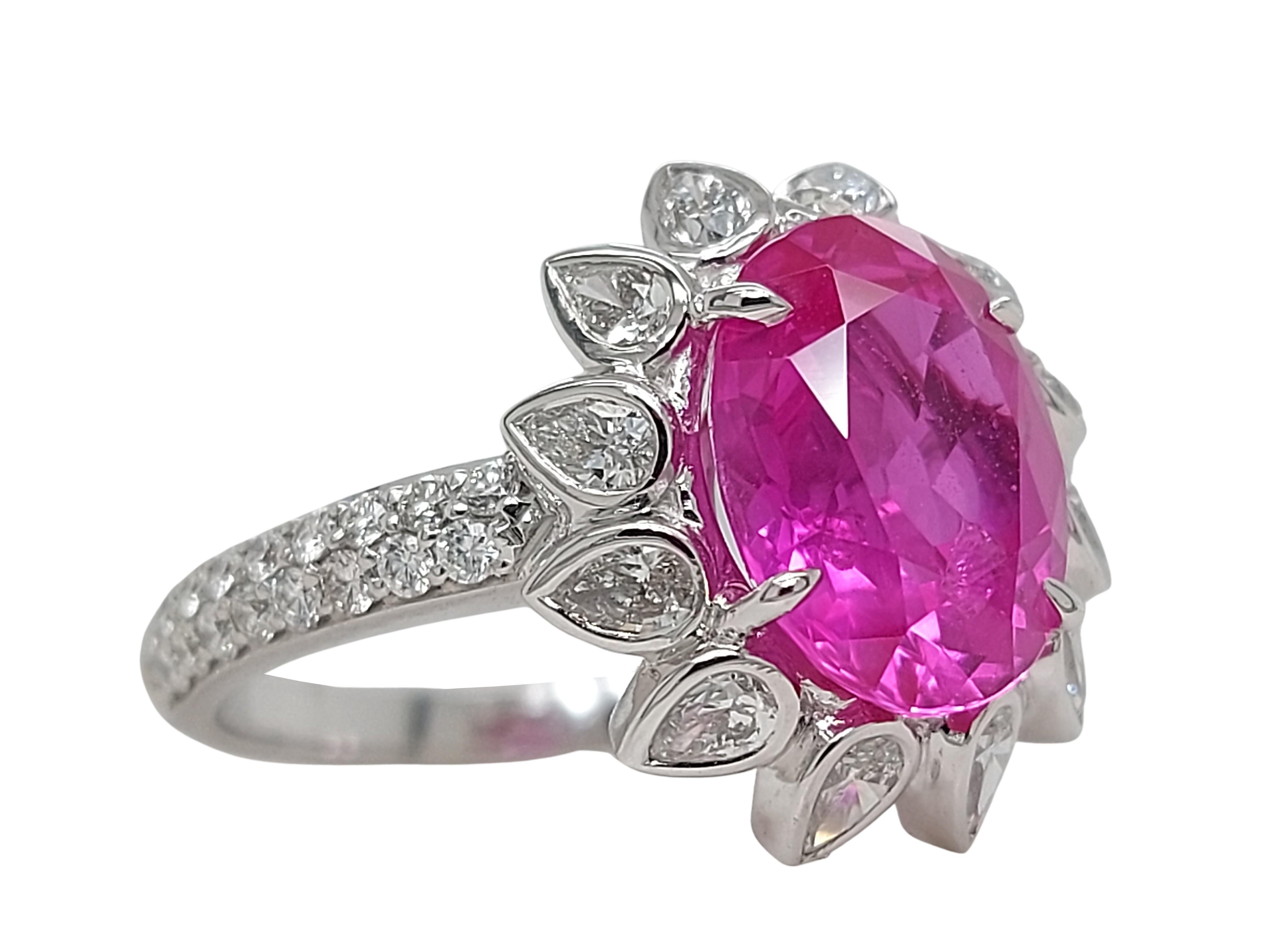 Stunning 18kt White Gold Burma No Heat Pink Sapphire & Diamonds Ring With SSEF Certificate!!

Sapphire: Oval, Burma, brilliant cut / fancy cut pink sapphire with no indications of heating, 3.498ct

Diamonds: 12 pear cut + 36 round cut

Material: