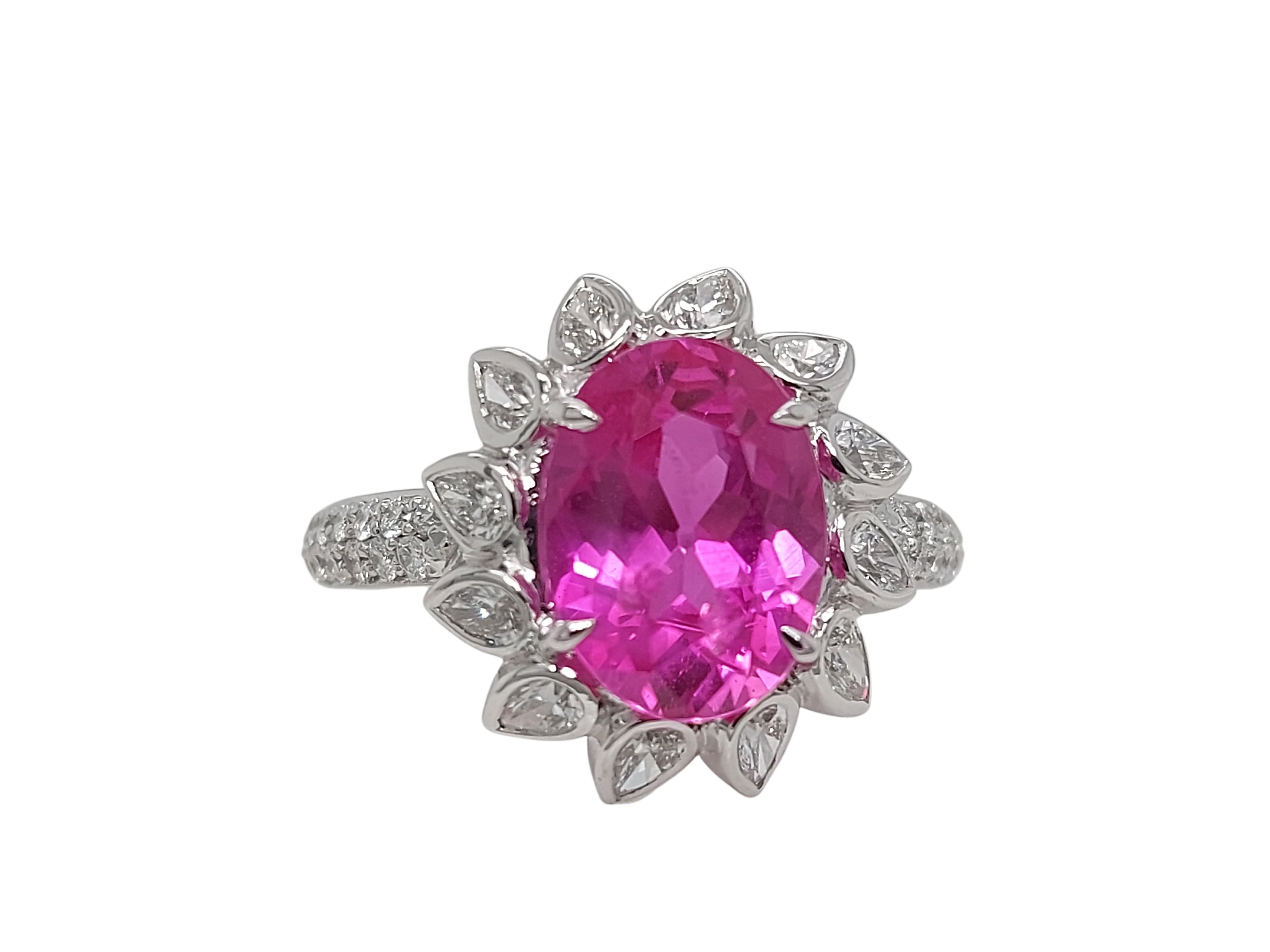 Artisan 18kt White Gold 3.5 Ct Burma NH Pink Sapphire & Diamonds Ring, SSEF Certificate For Sale