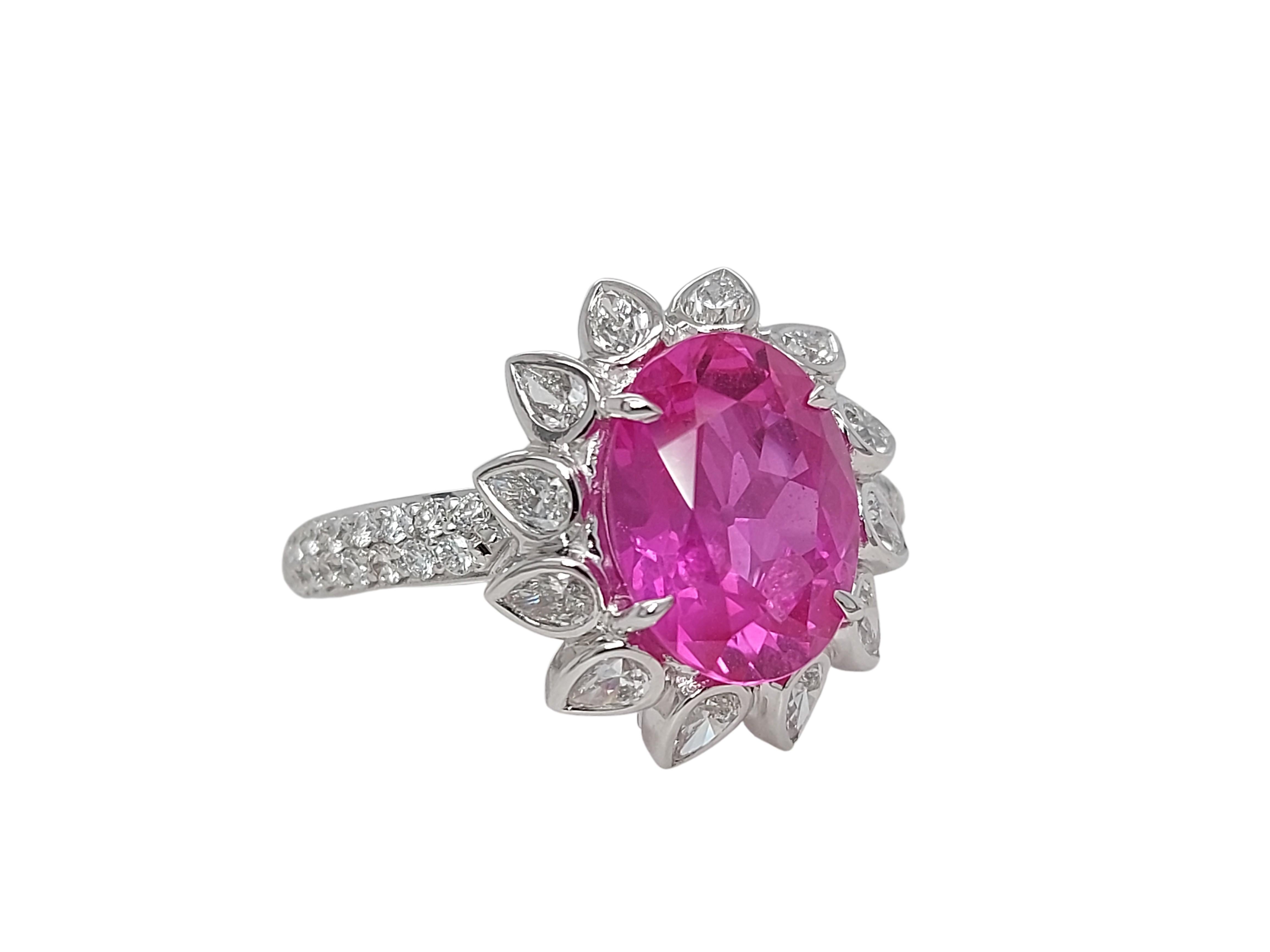 Oval Cut 18kt White Gold 3.5 Ct Burma NH Pink Sapphire & Diamonds Ring, SSEF Certificate For Sale