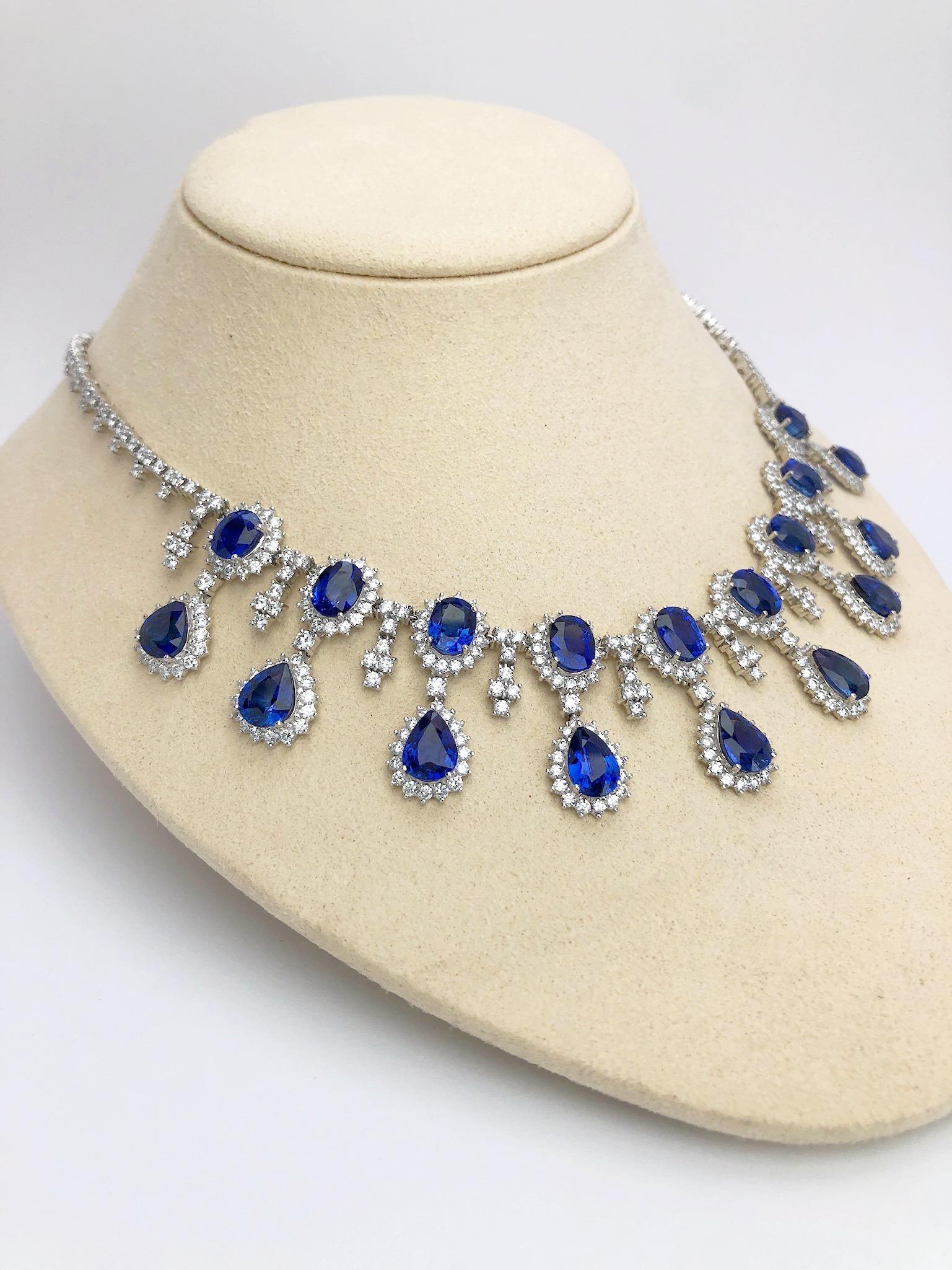 Contemporary 18 Karat White Gold, 37.93 Carat Blue Sapphire and 13.89 Carat Diamond Necklace For Sale