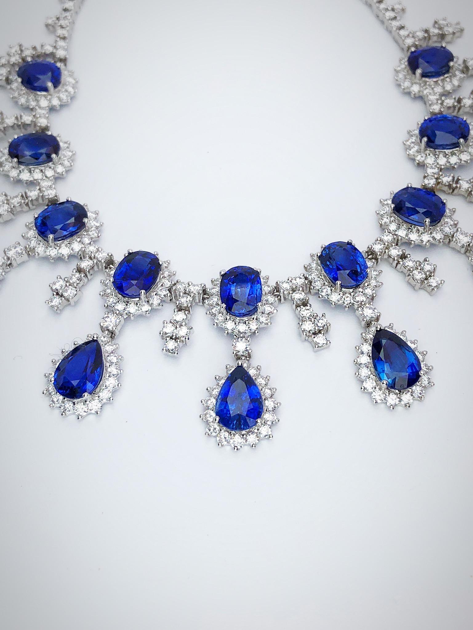 Pear Cut 18 Karat White Gold, 37.93 Carat Blue Sapphire and 13.89 Carat Diamond Necklace For Sale