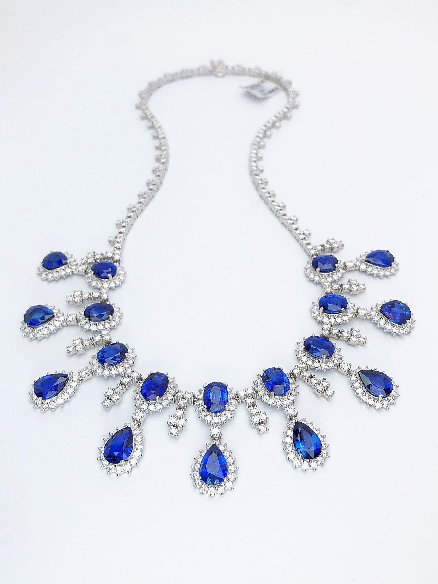18 Karat White Gold, 37.93 Carat Blue Sapphire and 13.89 Carat Diamond Necklace In New Condition For Sale In New York, NY