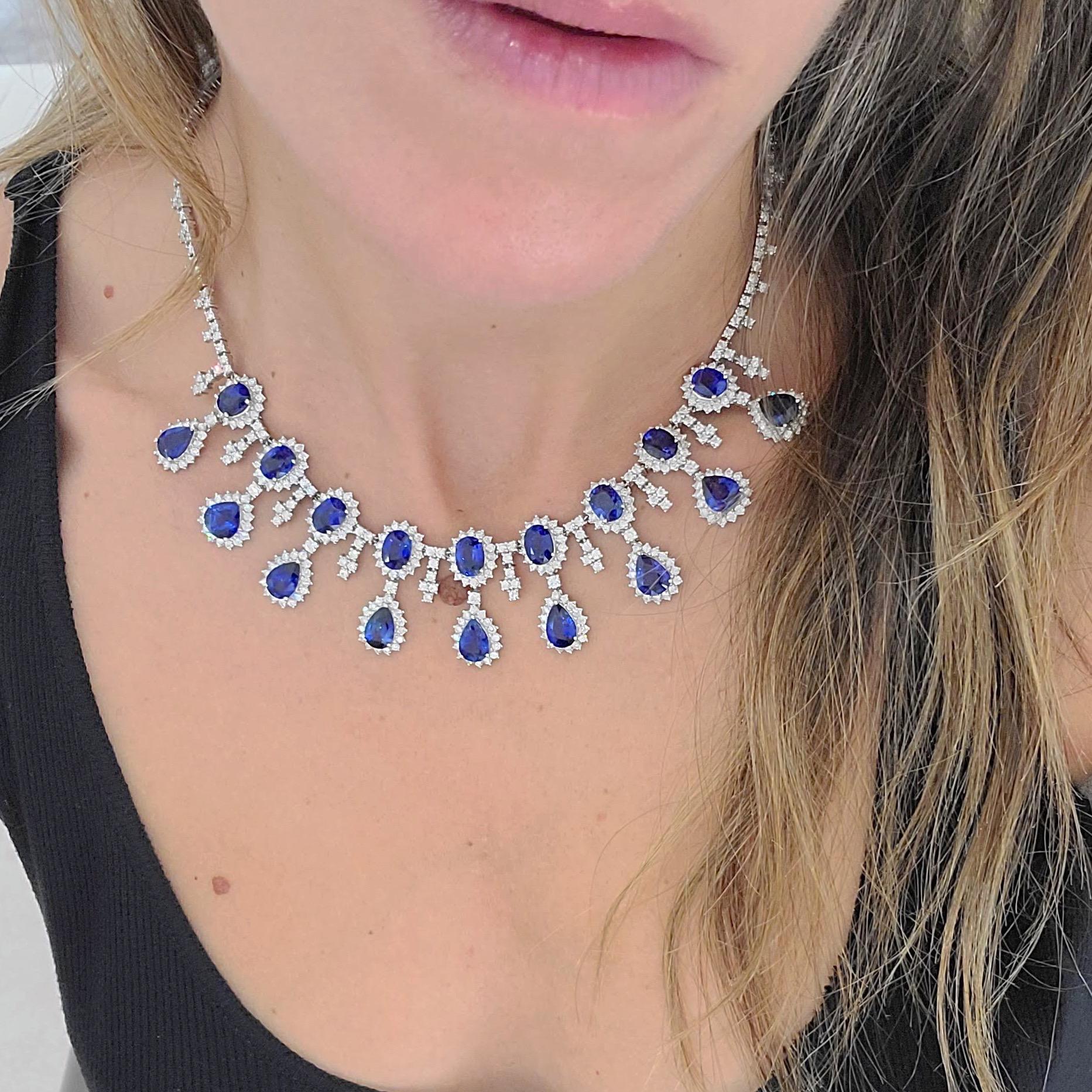 Women's or Men's 18 Karat White Gold, 37.93 Carat Blue Sapphire and 13.89 Carat Diamond Necklace For Sale