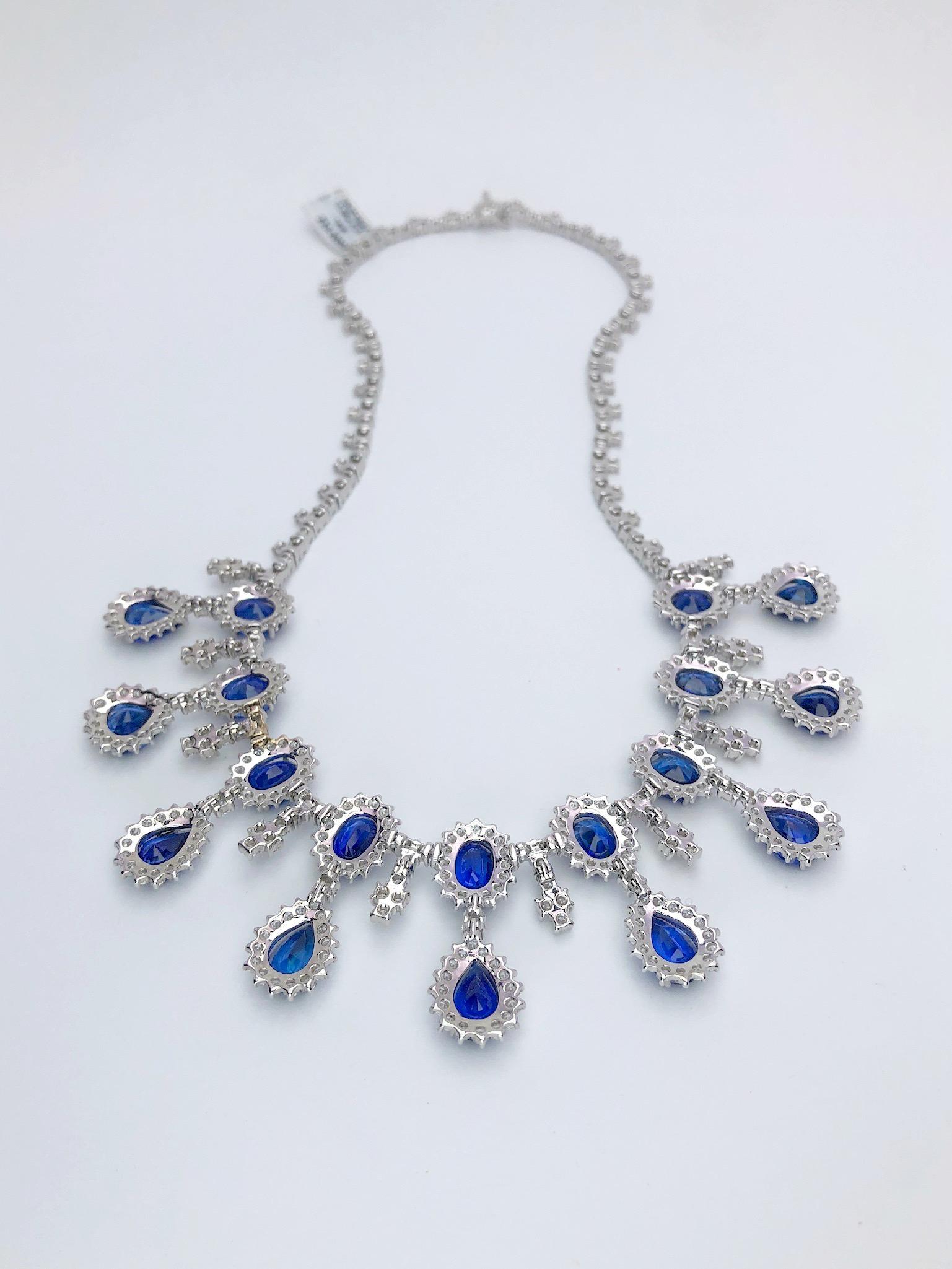 Women's or Men's 18 Karat White Gold, 37.93 Carat Blue Sapphire and 13.89 Carat Diamond Necklace For Sale