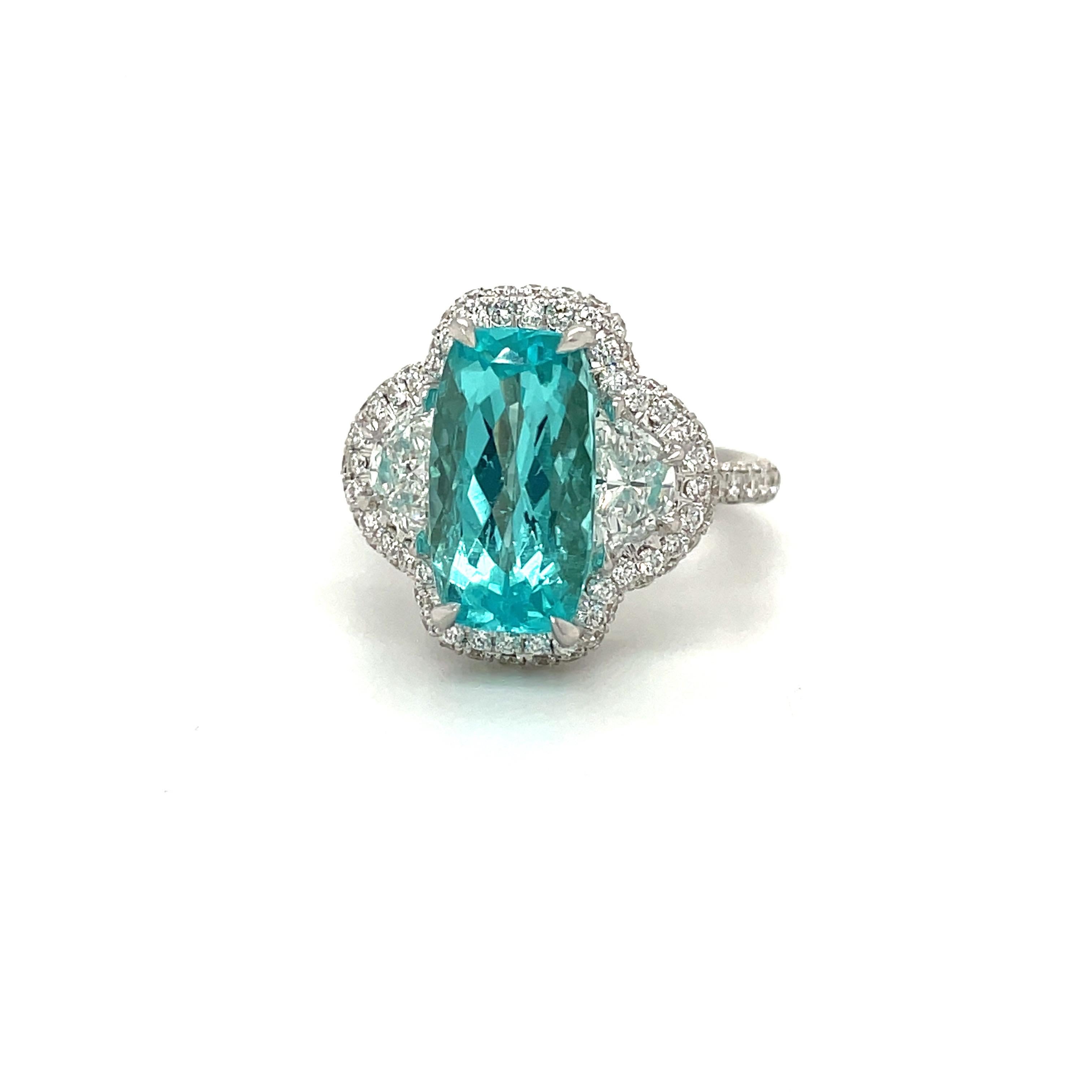 Mixed Cut 18kt White Gold 3.94ct. Rectangular Faceted Paraiba & 0.83ct. Diamond Ring For Sale