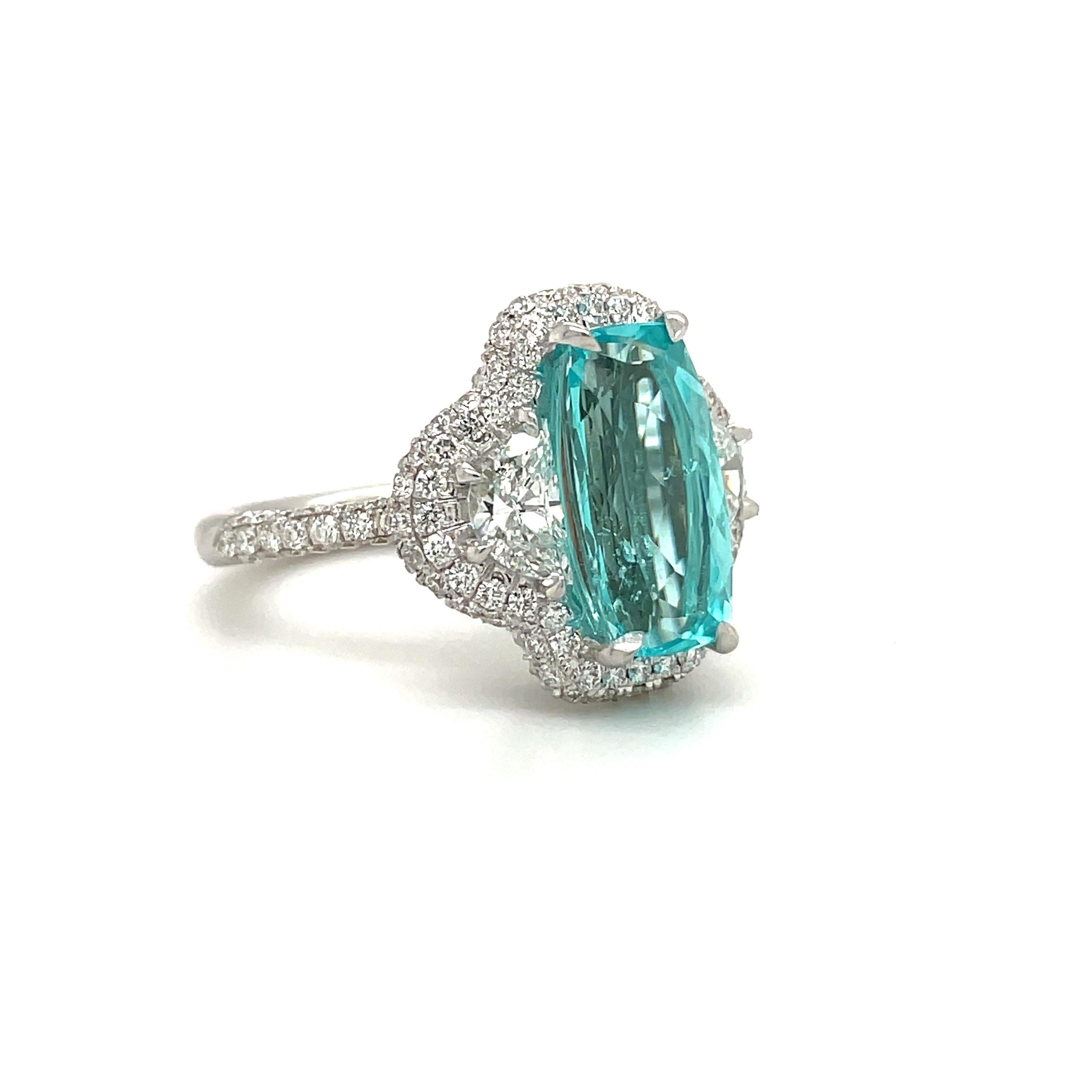 18kt White Gold 3.94ct. Rectangular Faceted Paraiba & 0.83ct. Diamond Ring In New Condition For Sale In New York, NY