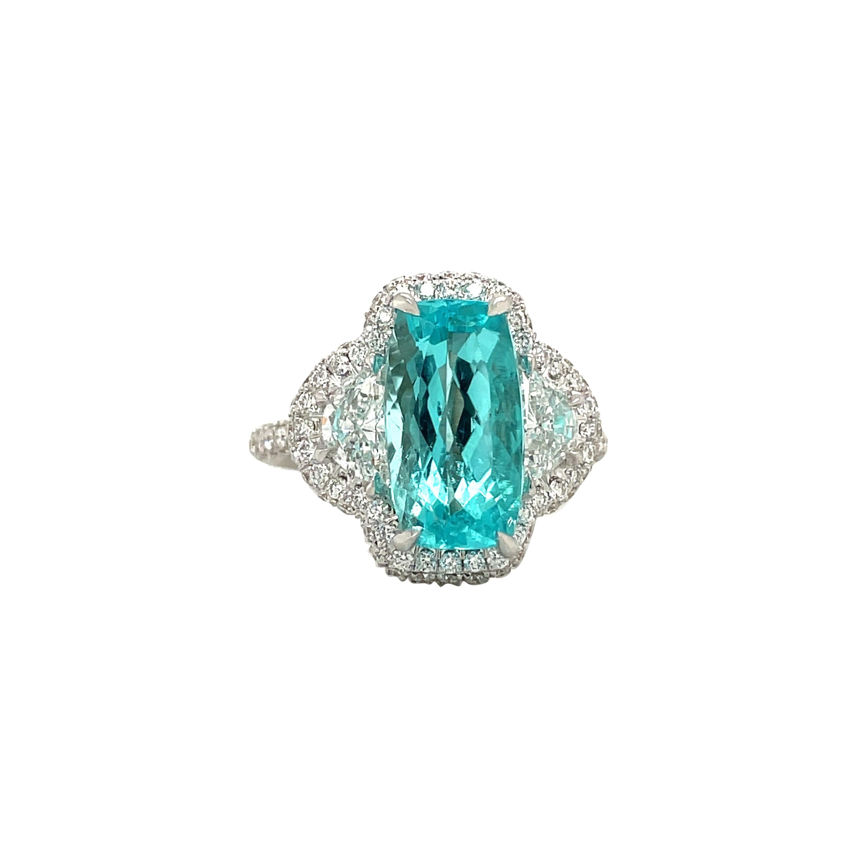 18kt White Gold 3.94ct. Rectangular Faceted Paraiba & 0.83ct. Diamond Ring For Sale