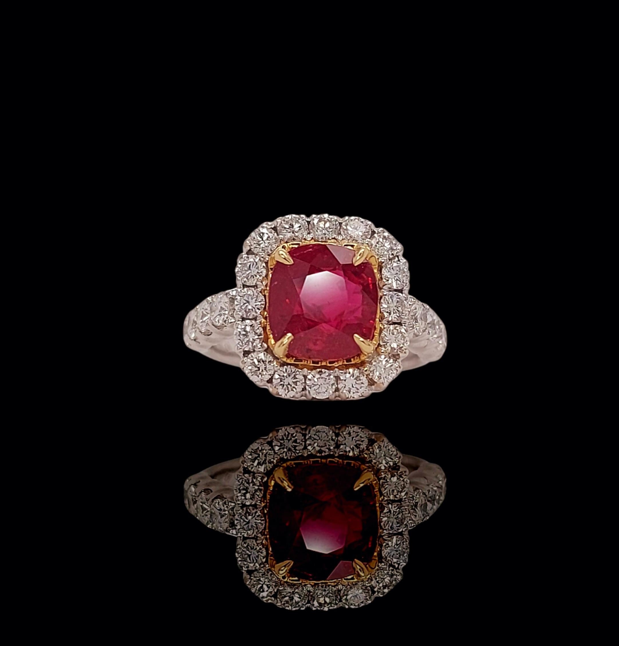 Magnificent 18kt White Gold  4.02ct No Heat Vivid Red Ruby Ring, With 1.52ct Diamonds With CGL Certificate

Ruby: Cushion / Brilliant - Step cut, Vivid red, Transparent, No indication of heating Mozambique Ruby, 4.02ct

Comes with a Carat Gem Lab