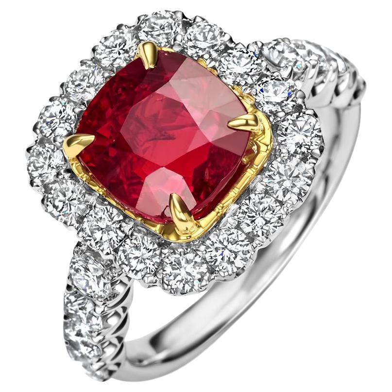 18kt White Gold 4 Ct No Heat Vivid Ruby Ring, 1.5 Ct Diamonds, CGL Certificate For Sale
