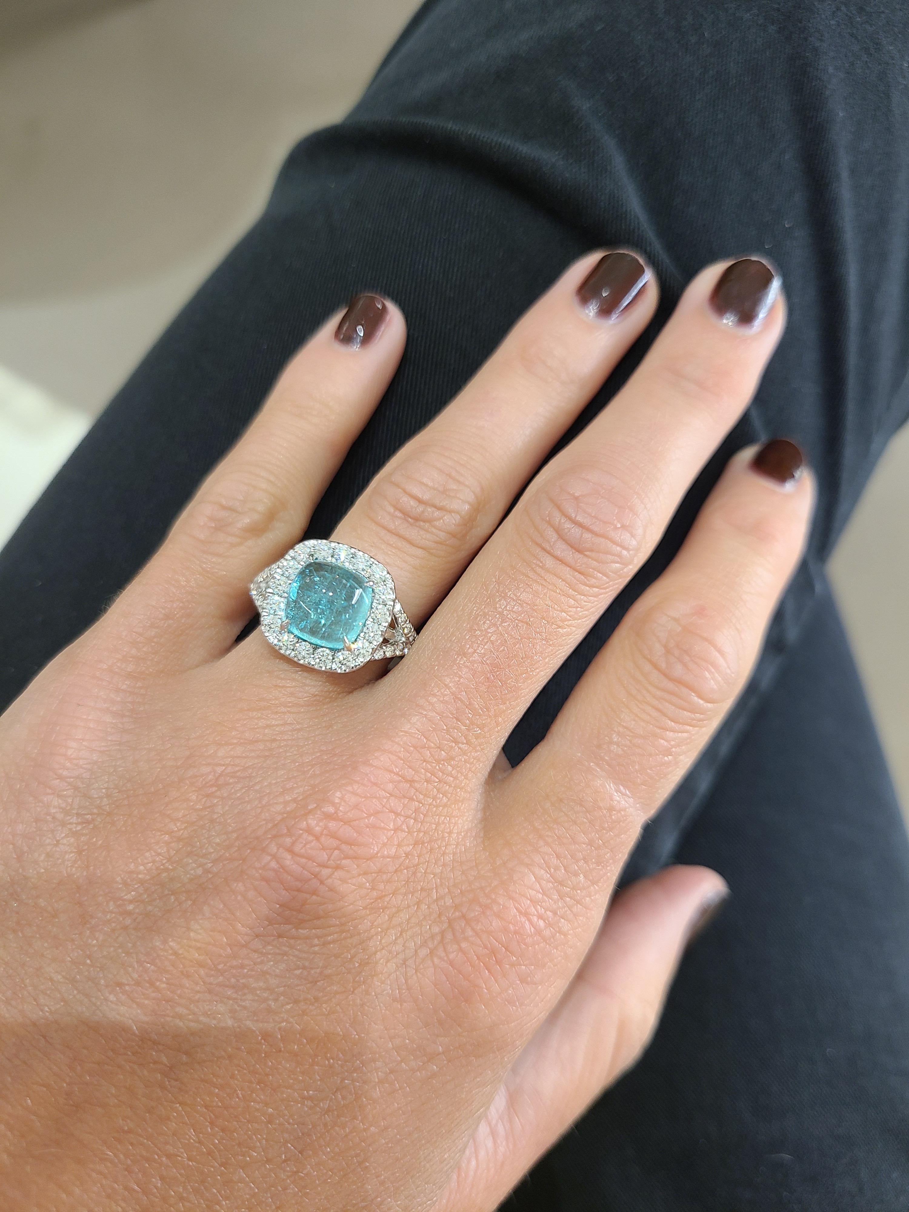 18kt White Gold 4.07ct. Cabochon Paraiba Tourmaline and 0.69ct. Diamond Ring In New Condition In New York, NY