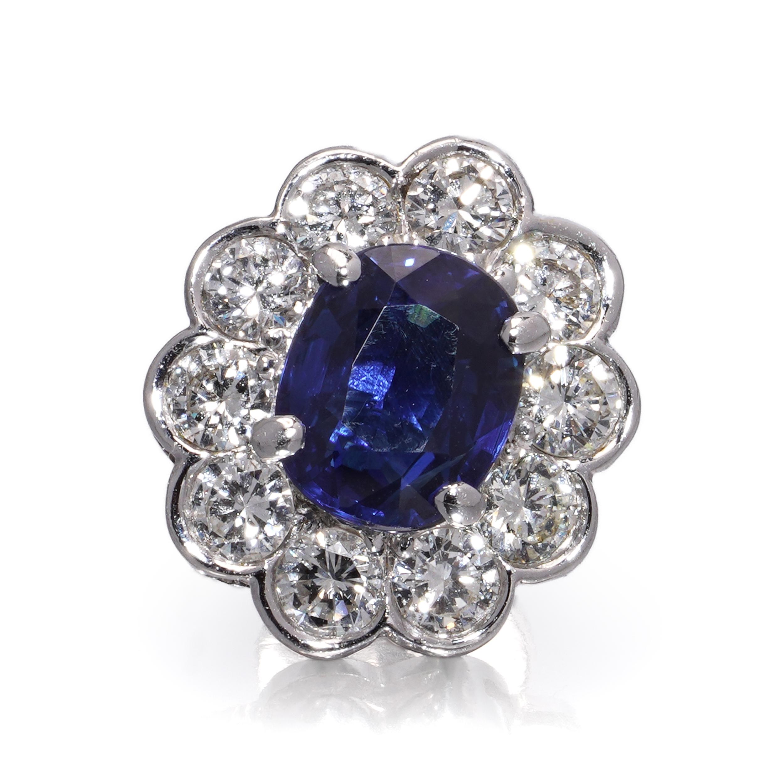 Brilliant Cut 18kt White Gold 4.4 ct. Sapphire and Diamond Cluster Earrings For Sale
