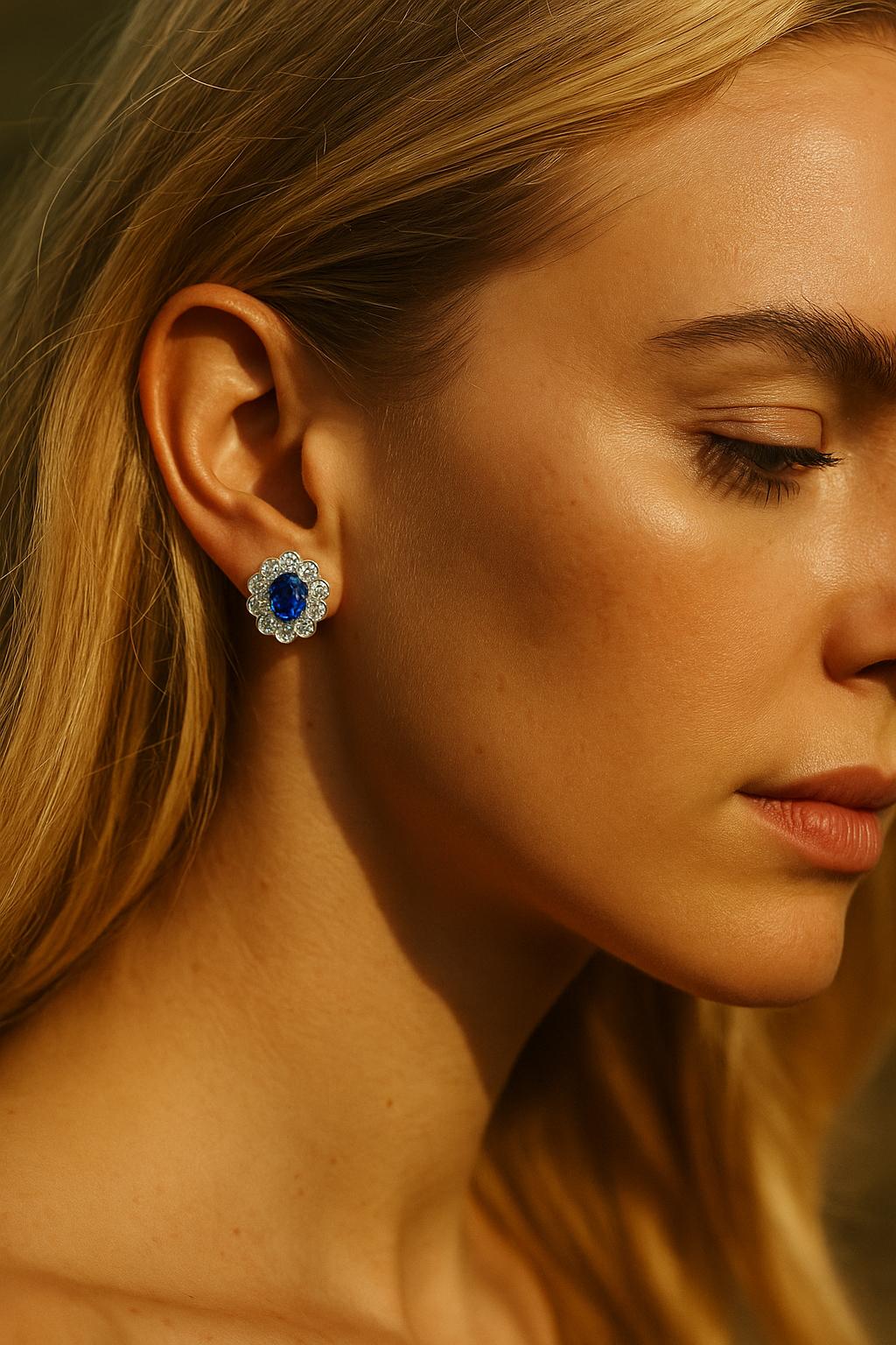 A finely crafted pair of cluster earrings set in 18kt white gold, each centering a natural cushion-cut sapphire of deep blue hue, weighing approximately 2.3ct and 2.1ct s. The sapphires are transparent, of natural corundum origin, with indications