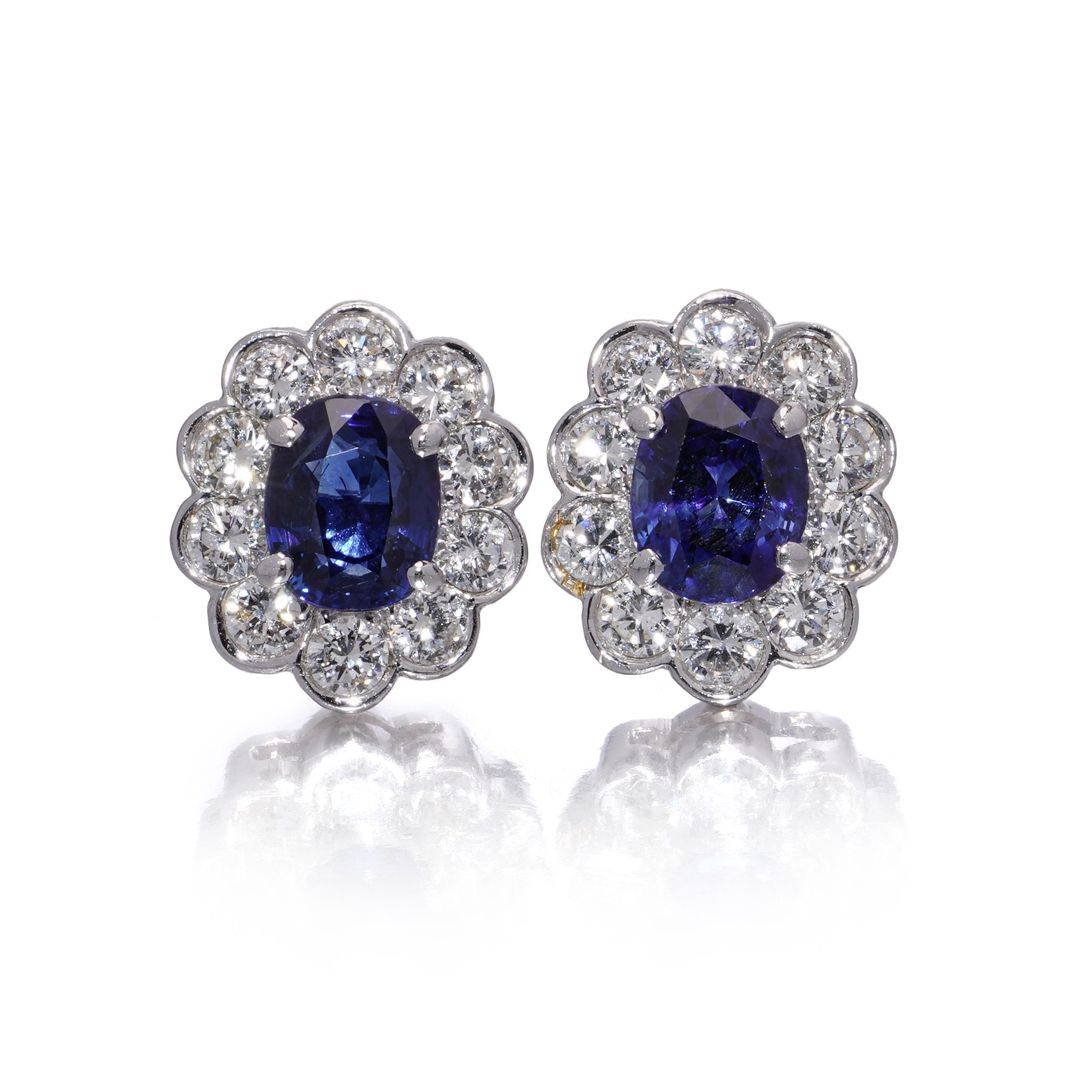 18kt White Gold 4.4 ct. Sapphire and Diamond Cluster Earrings For Sale 1