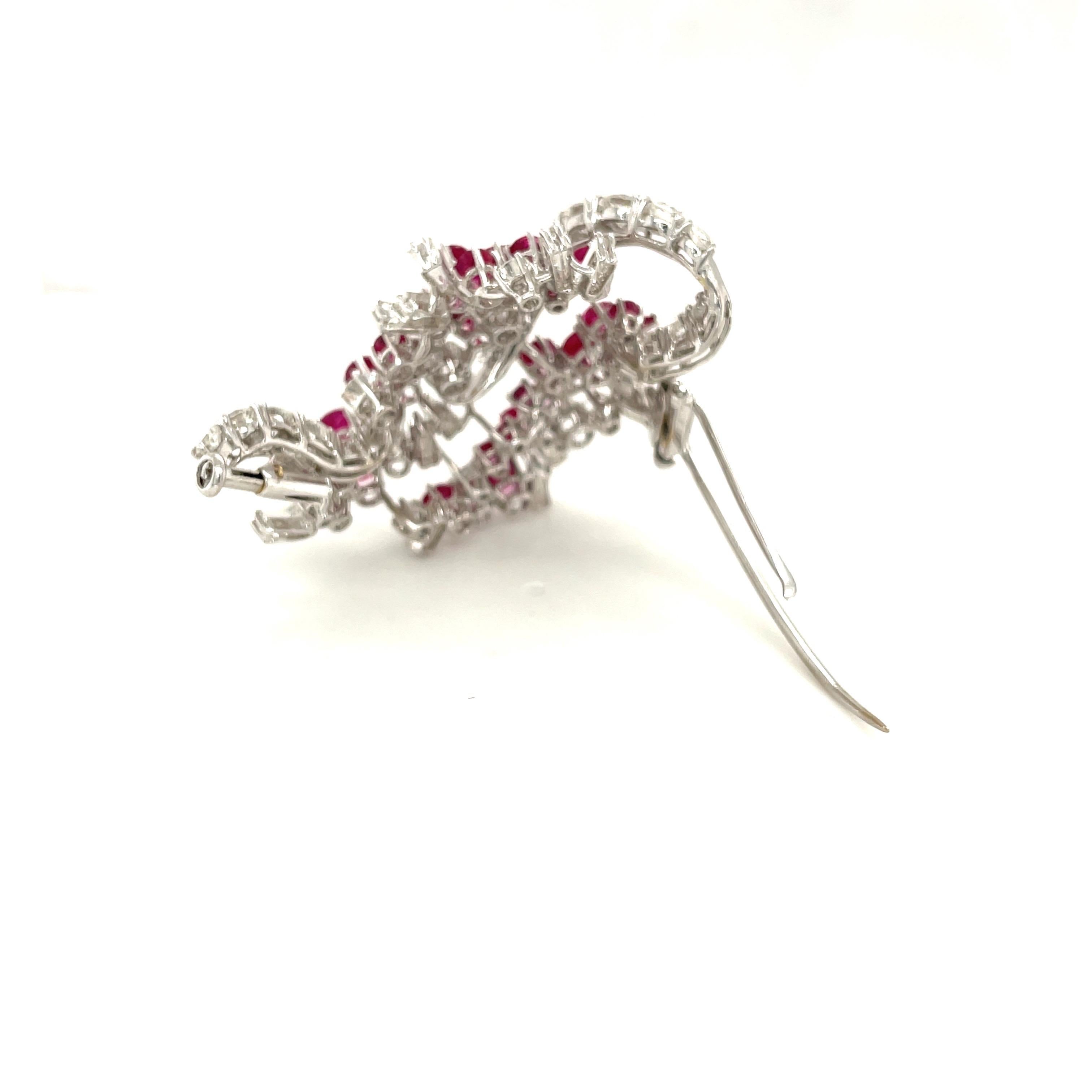 18KT White Gold 4.88Ct Ruby 6.18 Ct Round & Baguette Diamond Ribbon Brooch For Sale 4