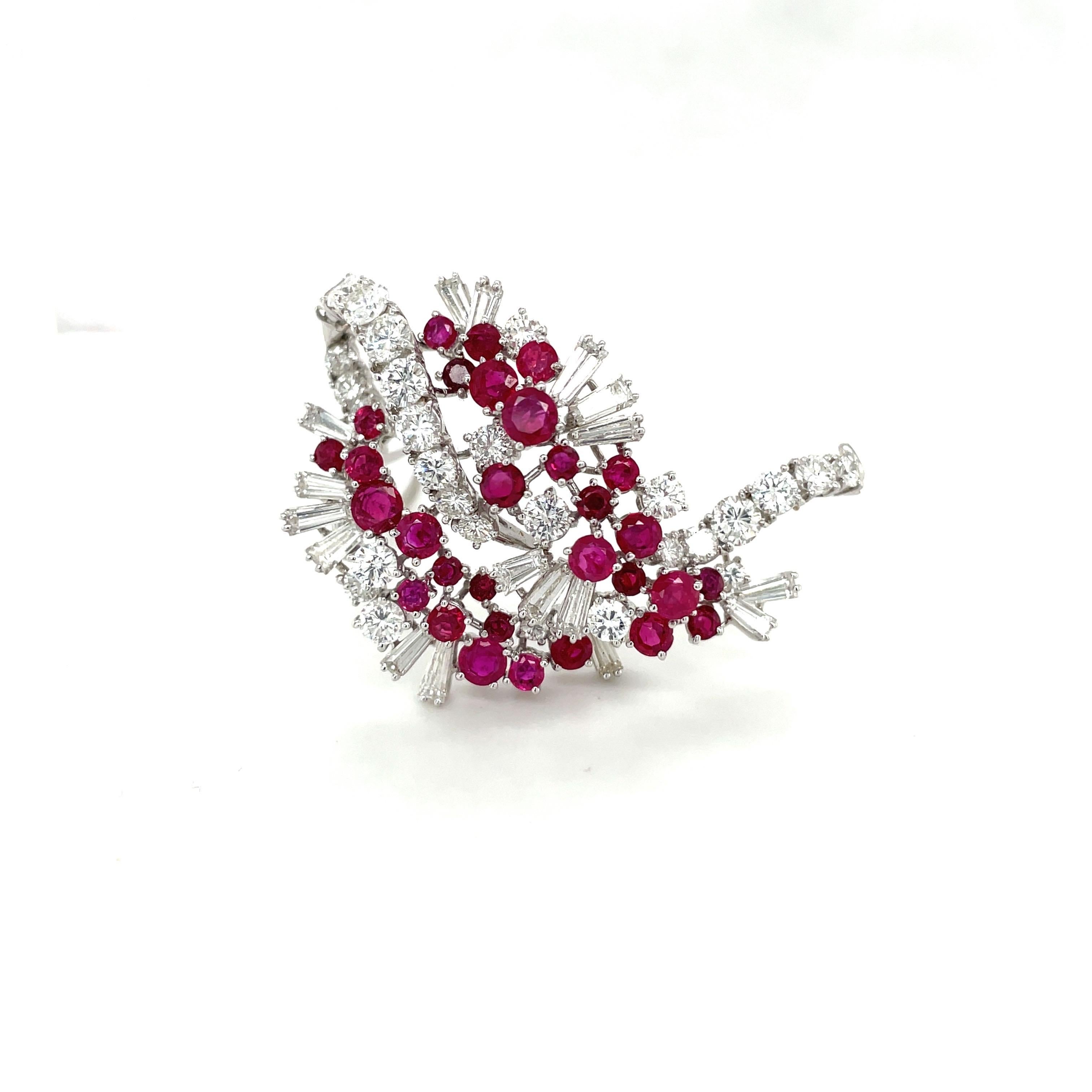 18KT White Gold 4.88Ct Ruby 6.18 Ct Round & Baguette Diamond Ribbon Brooch For Sale 5