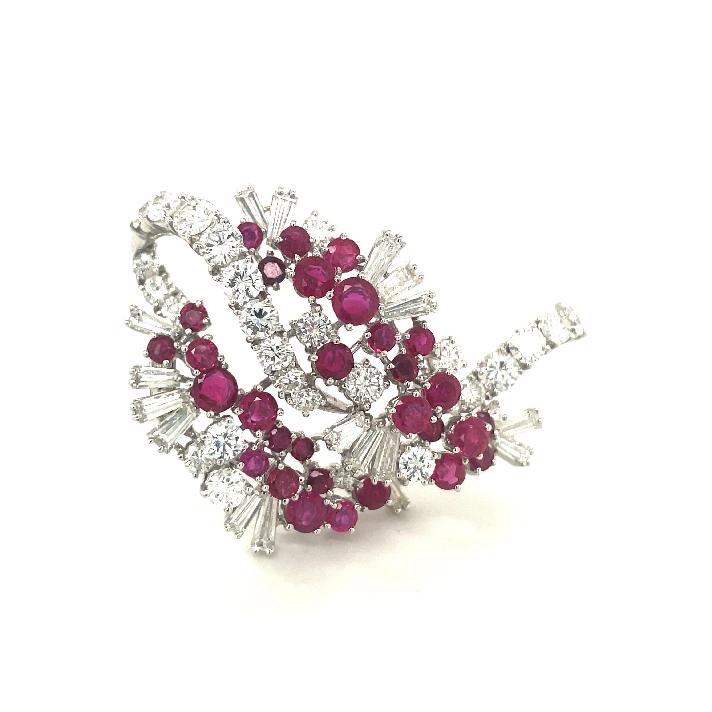 18KT White Gold 4.88Ct Ruby 6.18 Ct Round & Baguette Diamond Ribbon Brooch For Sale 6