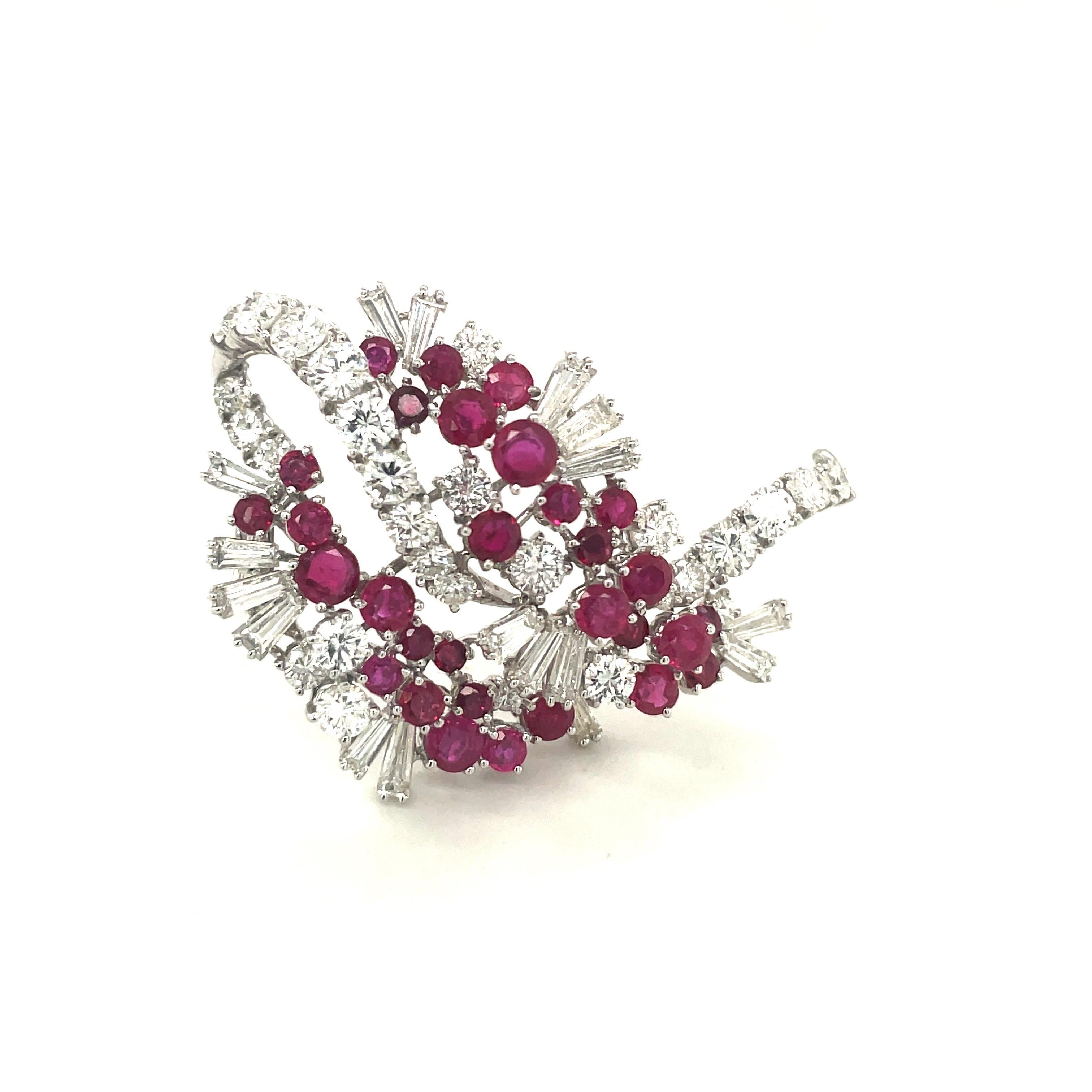 Contemporary 18KT White Gold 4.88Ct Ruby 6.18 Ct Round & Baguette Diamond Ribbon Brooch For Sale