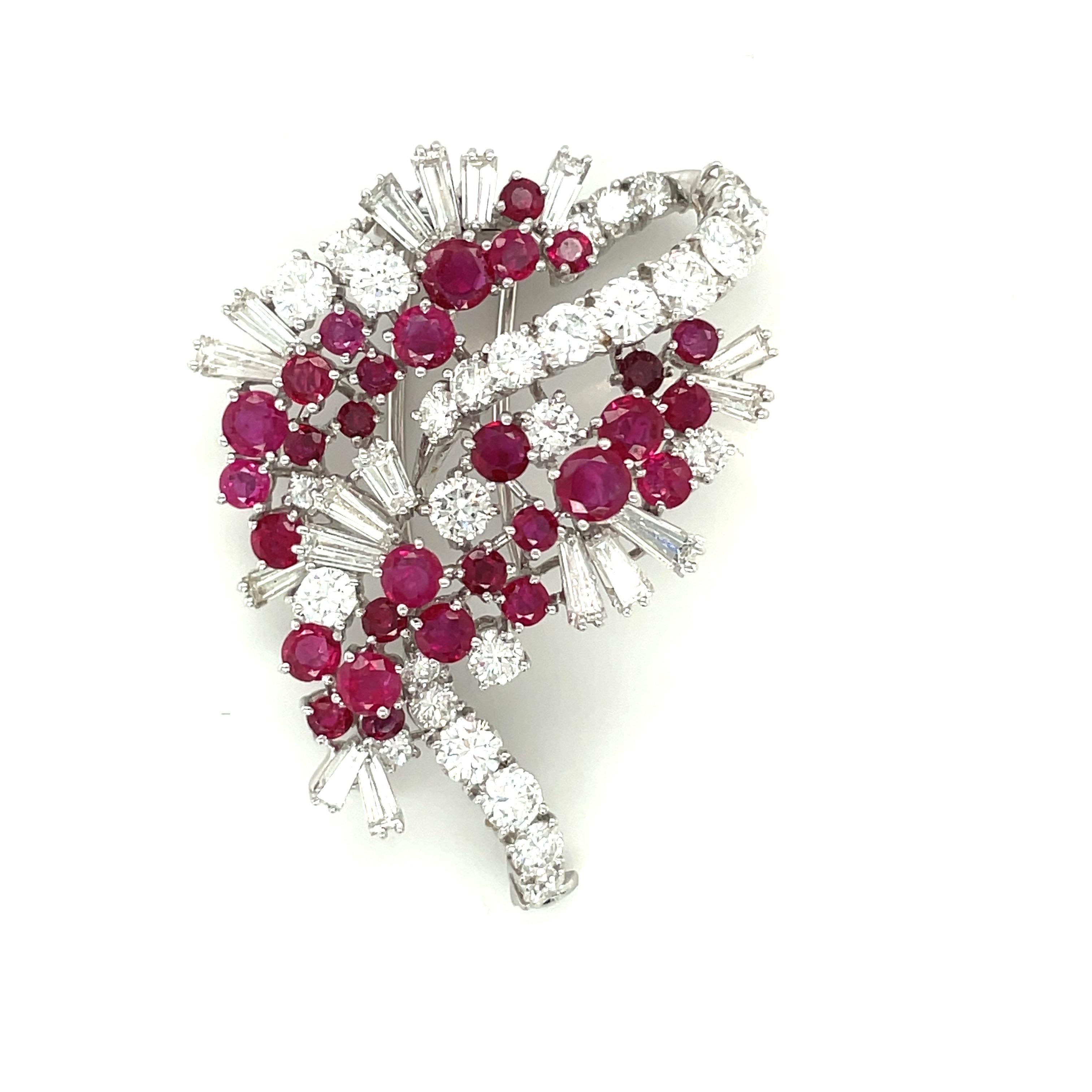 Round Cut 18KT White Gold 4.88Ct Ruby 6.18 Ct Round & Baguette Diamond Ribbon Brooch For Sale