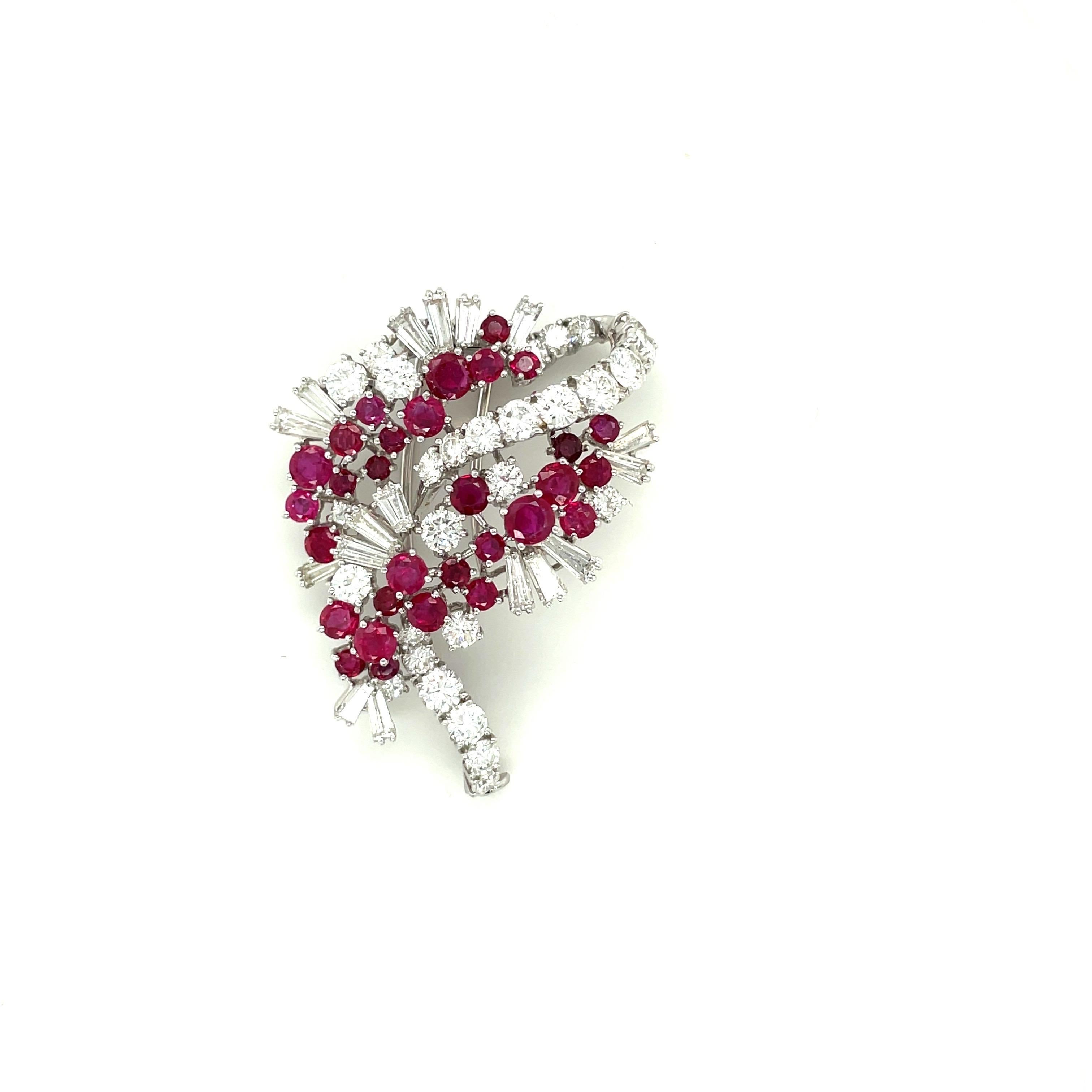Women's or Men's 18KT White Gold 4.88Ct Ruby 6.18 Ct Round & Baguette Diamond Ribbon Brooch For Sale