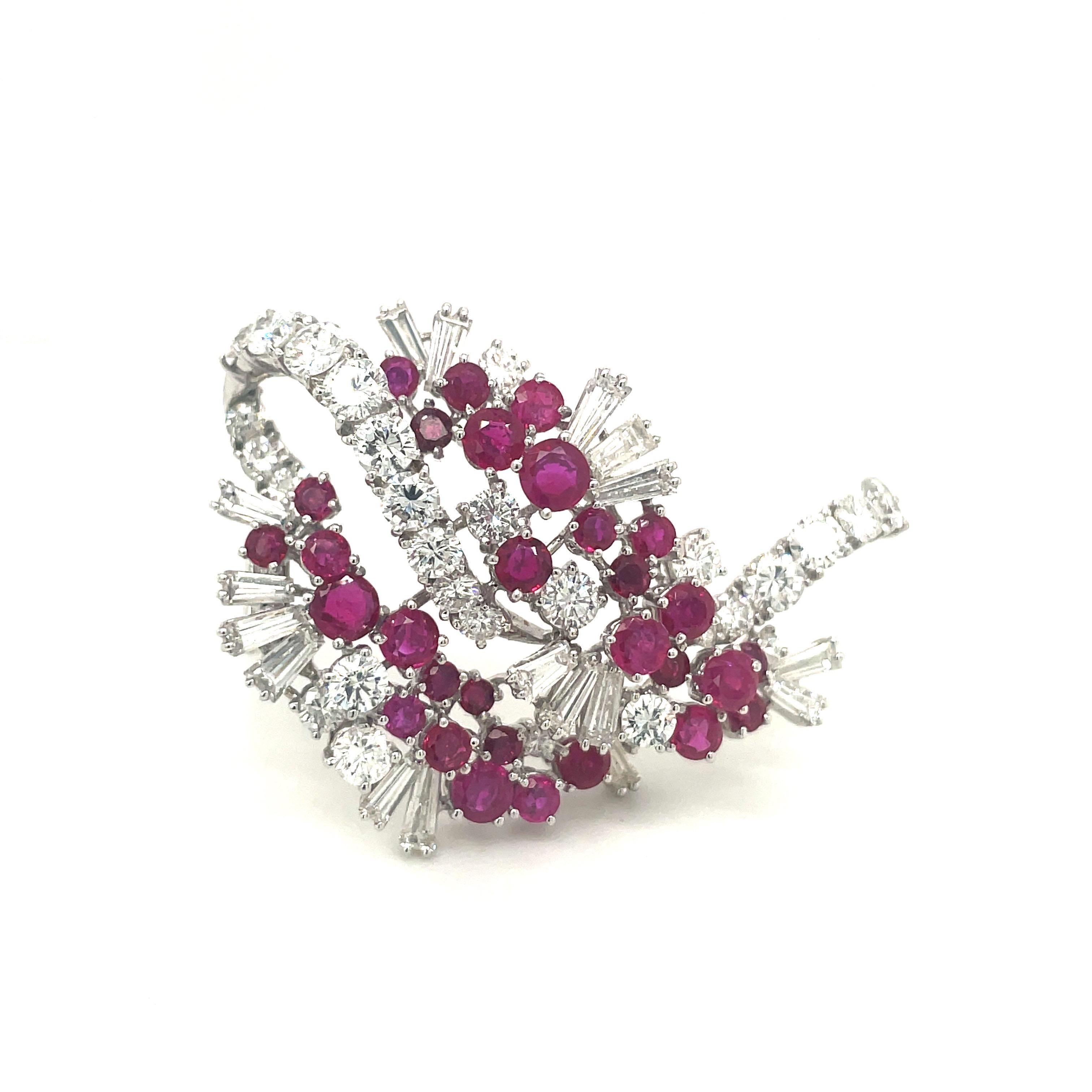 18KT White Gold 4.88Ct Ruby 6.18 Ct Round & Baguette Diamond Ribbon Brooch For Sale 1