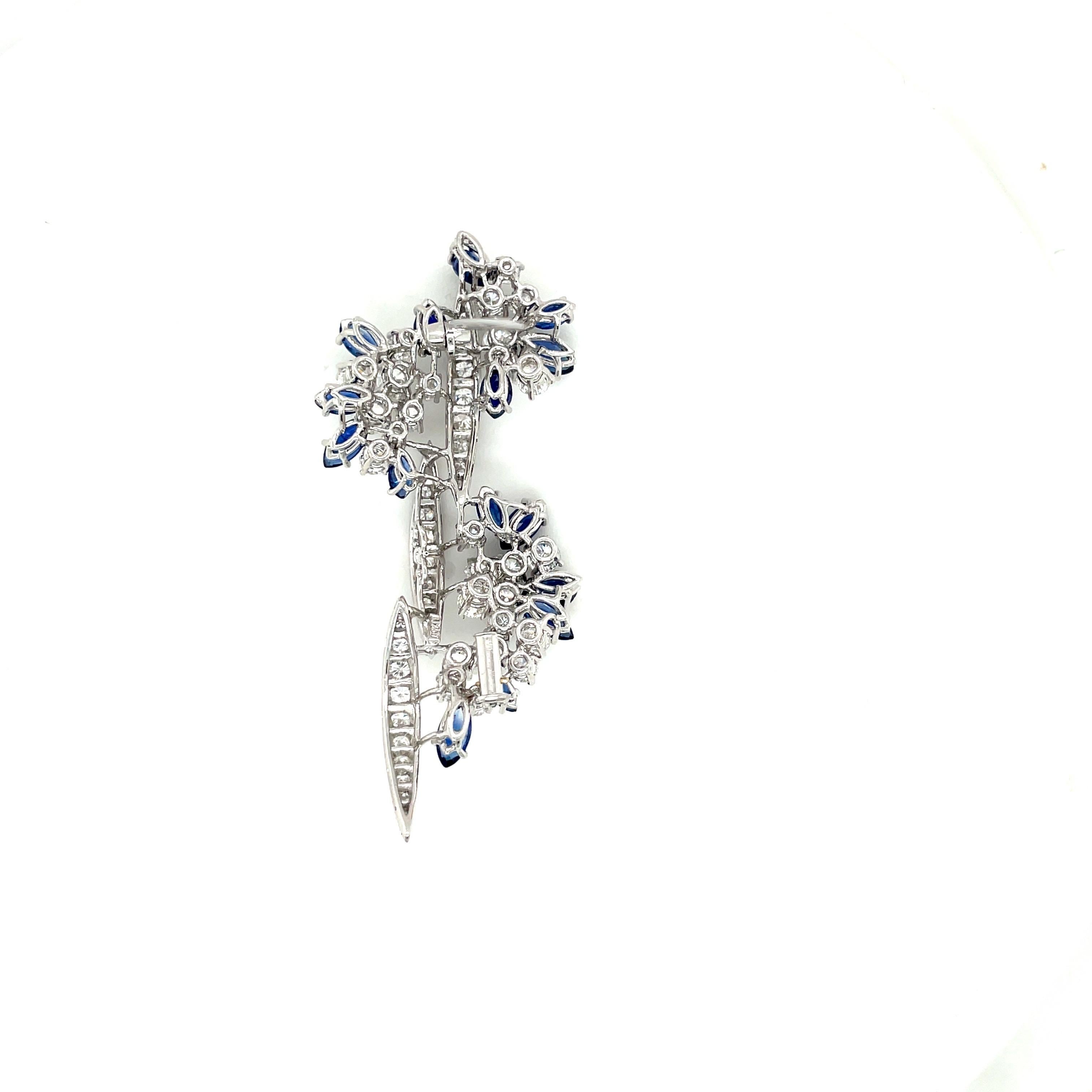 18KT White Gold 4.95CT Blue Sapphire 4.76CT Diamond Cascading Brooch For Sale 4