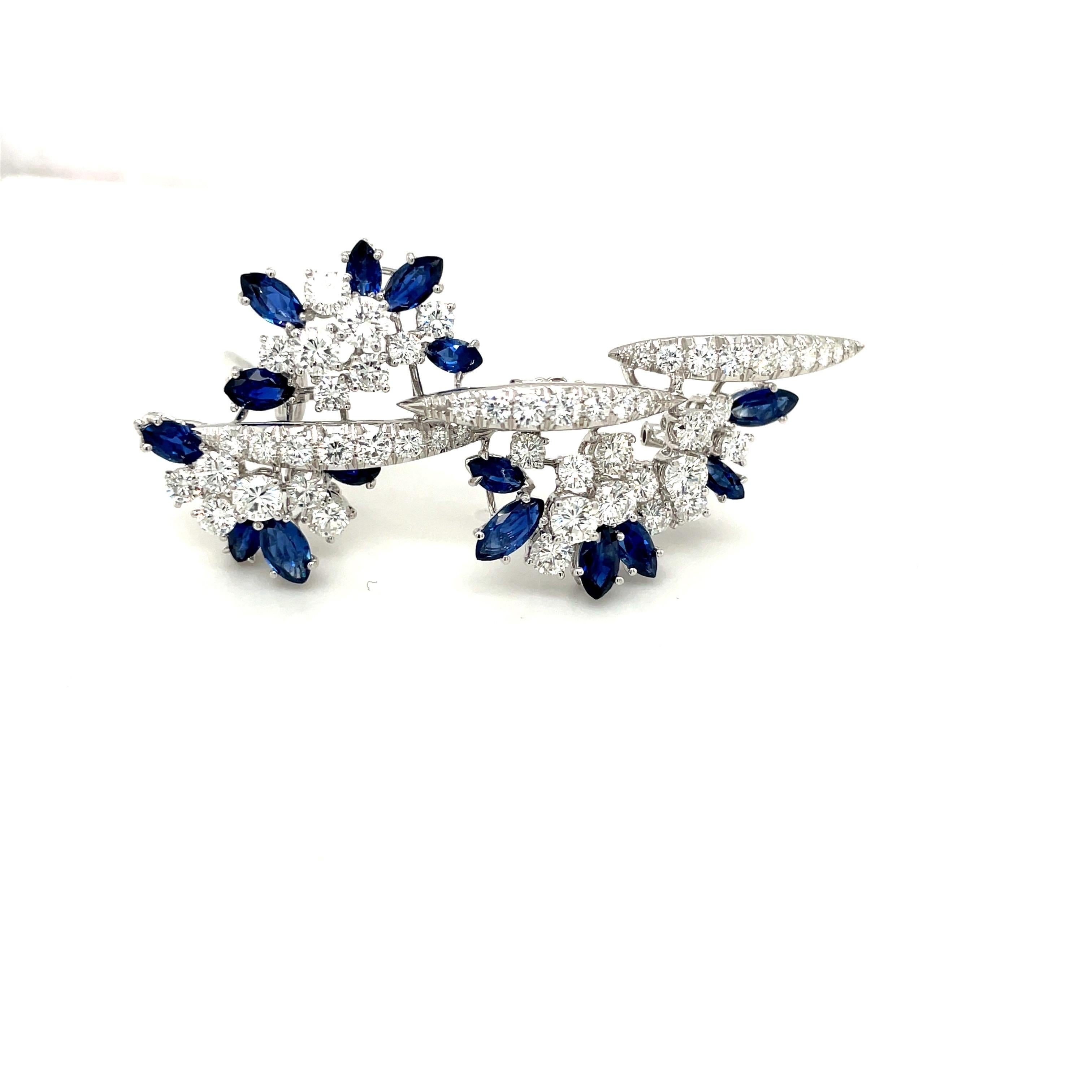 Contemporary 18KT White Gold 4.95CT Blue Sapphire 4.76CT Diamond Cascading Brooch For Sale
