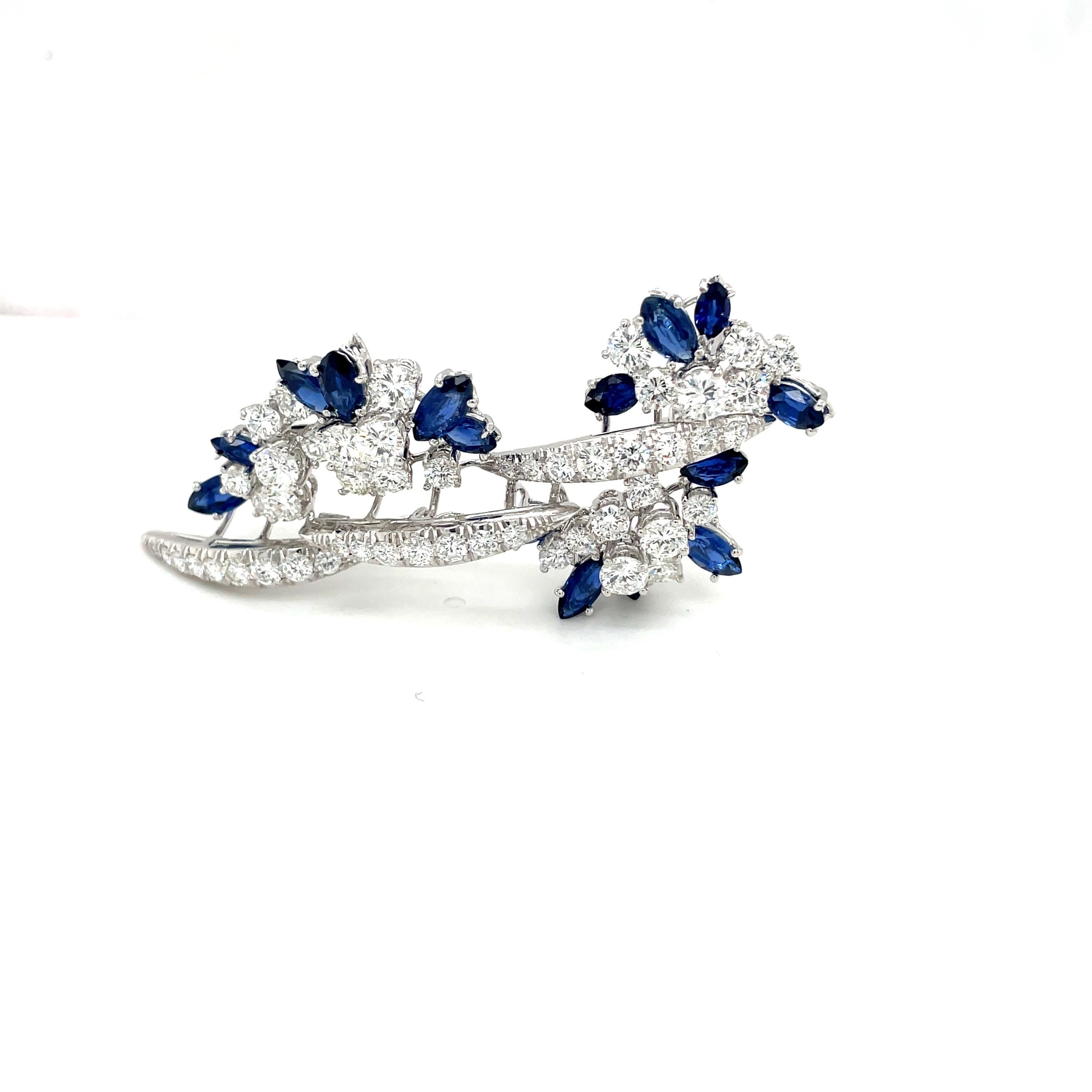 Marquise Cut 18KT White Gold 4.95CT Blue Sapphire 4.76CT Diamond Cascading Brooch For Sale