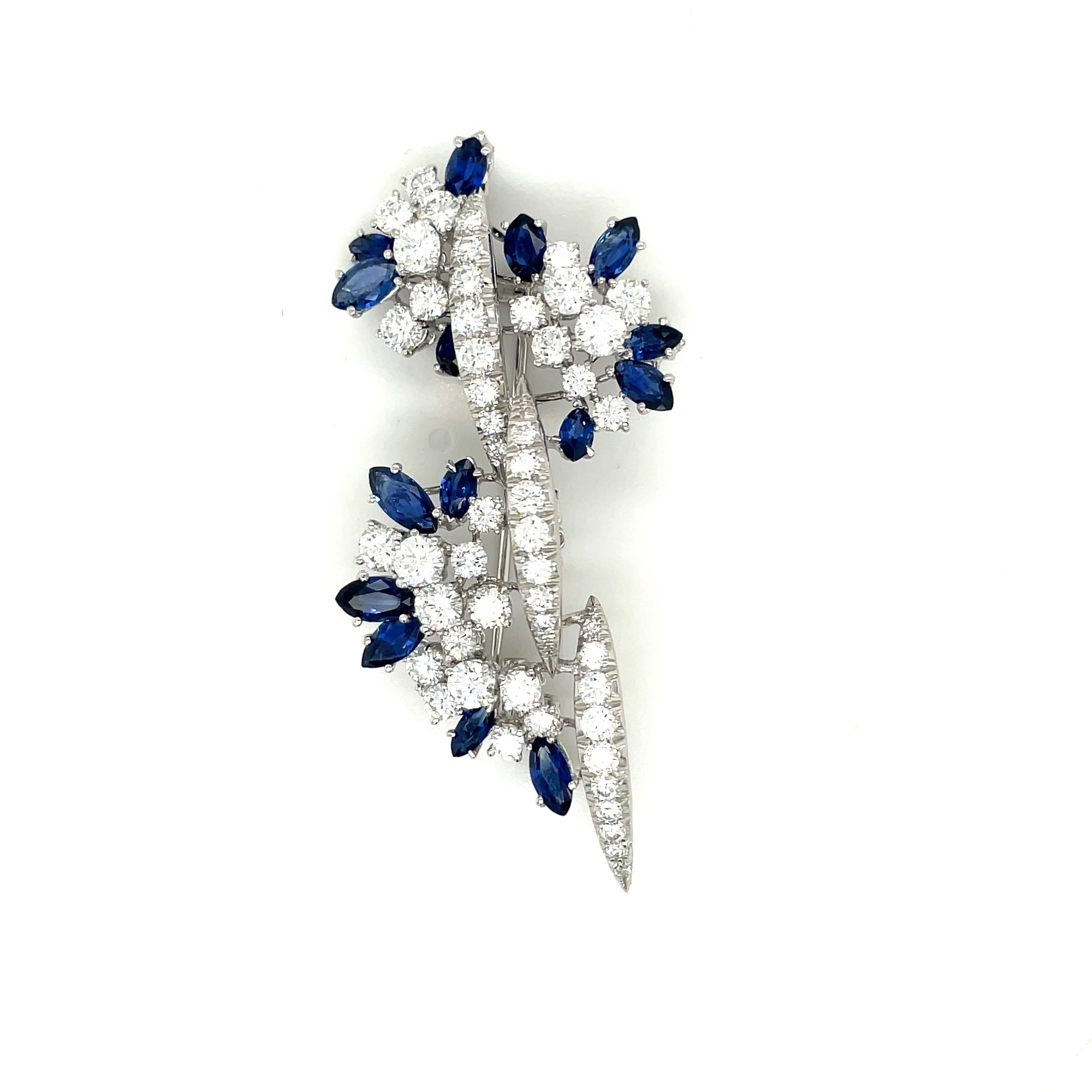 18KT White Gold 4.95CT Blue Sapphire 4.76CT Diamond Cascading Brooch In New Condition For Sale In New York, NY