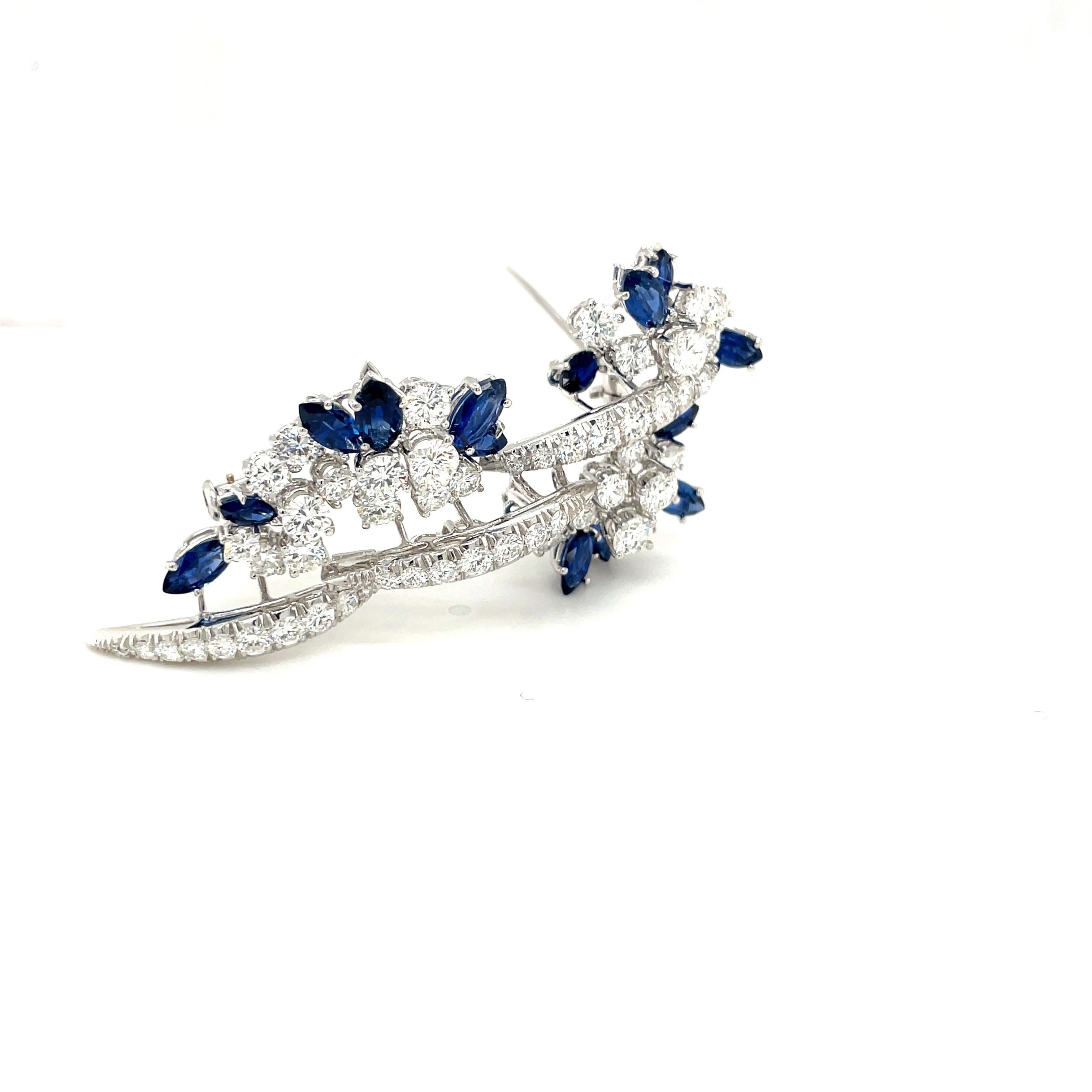 Women's or Men's 18KT White Gold 4.95CT Blue Sapphire 4.76CT Diamond Cascading Brooch For Sale