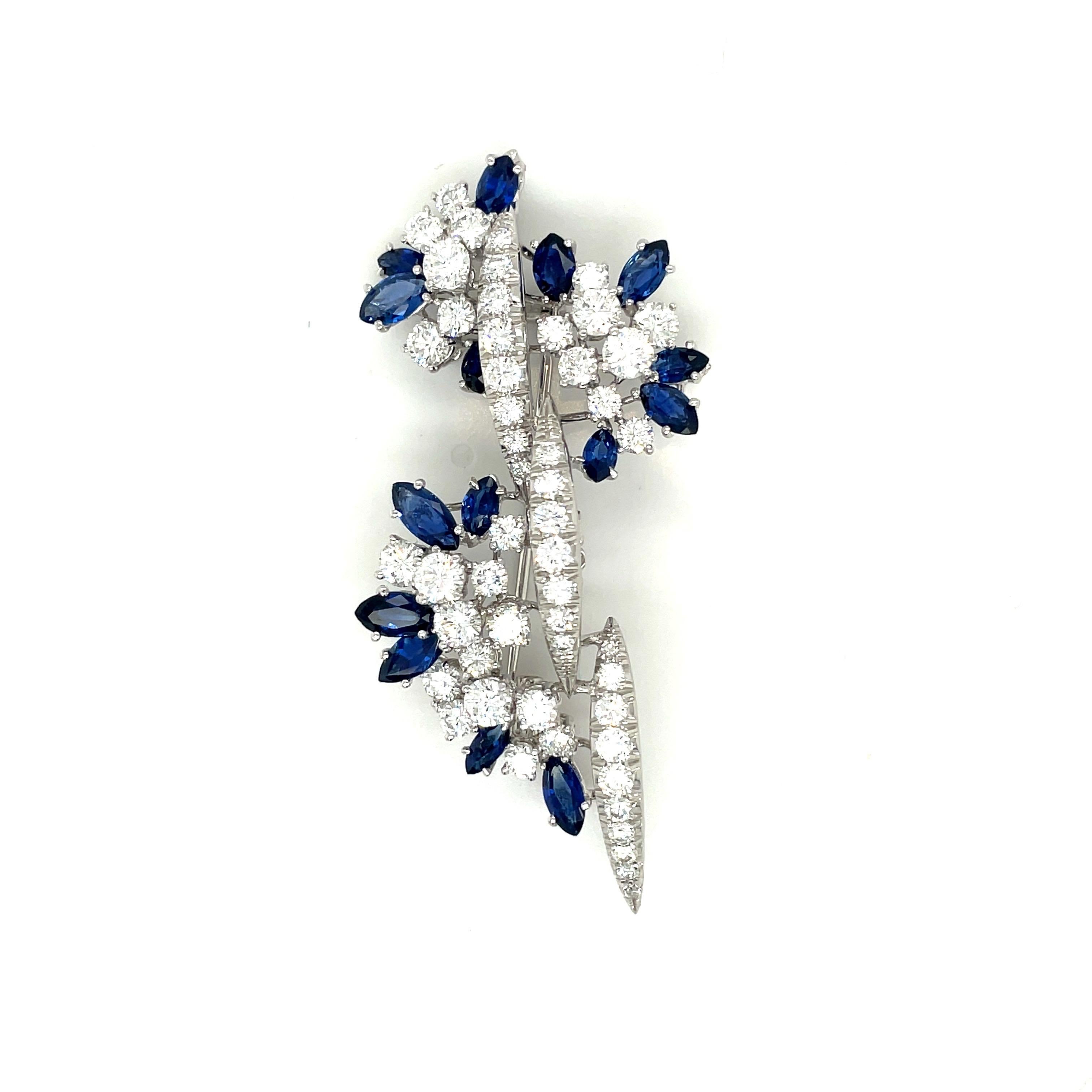18KT White Gold 4.95CT Blue Sapphire 4.76CT Diamond Cascading Brooch For Sale 1