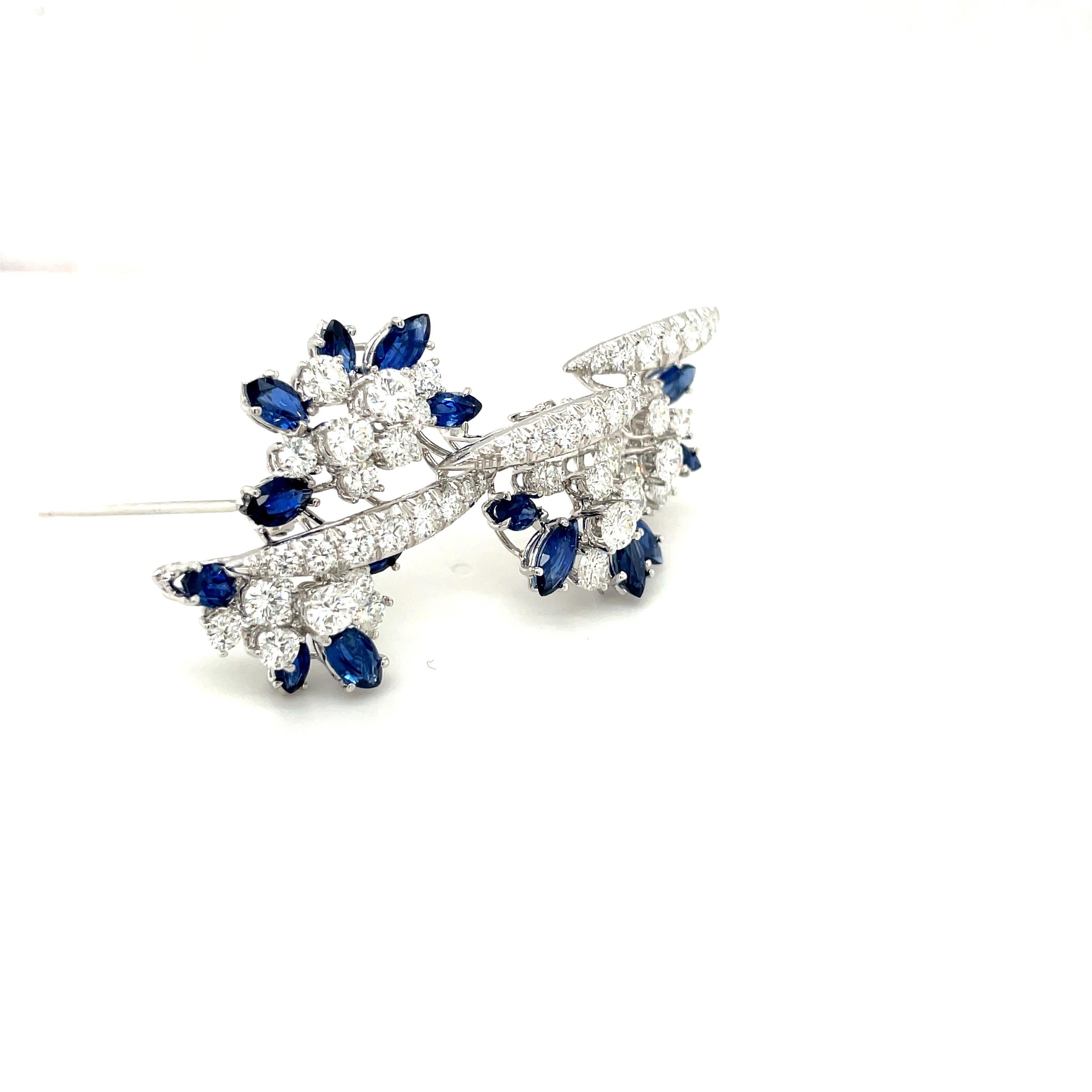 18KT White Gold 4.95CT Blue Sapphire 4.76CT Diamond Cascading Brooch For Sale 3