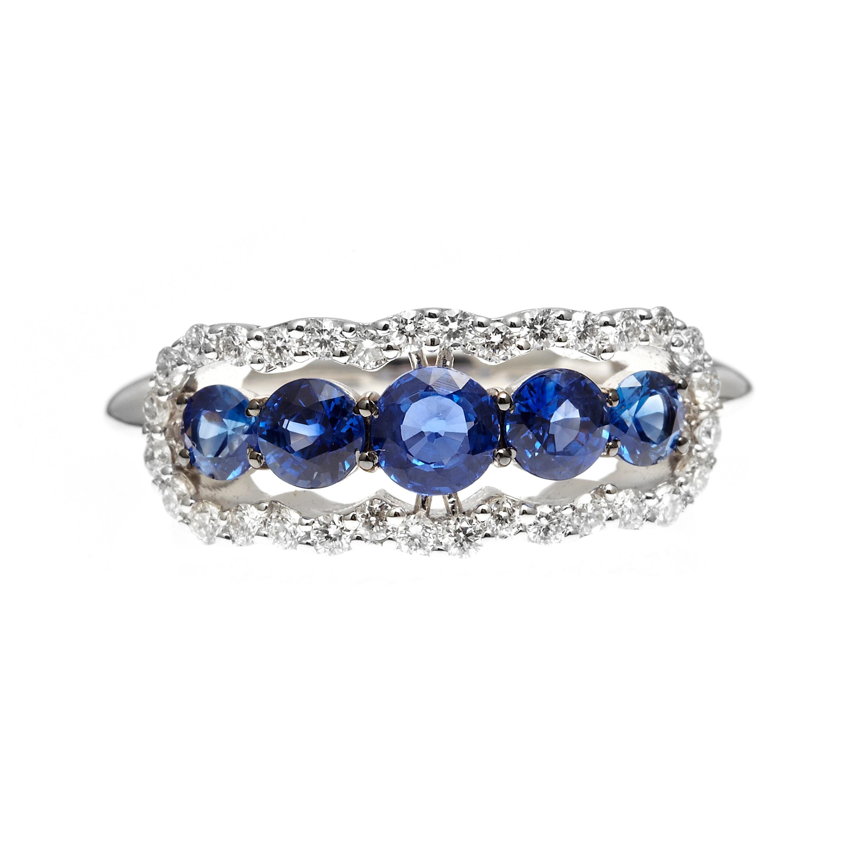 The fabulous everyday ring is perfect when you want to match some bold blue tones with your outfit. 5 graduated round sapphires form a bold blue row and total 1.08ct and are surrounded by 0.30ct of white diamonds to give it a nice pop.