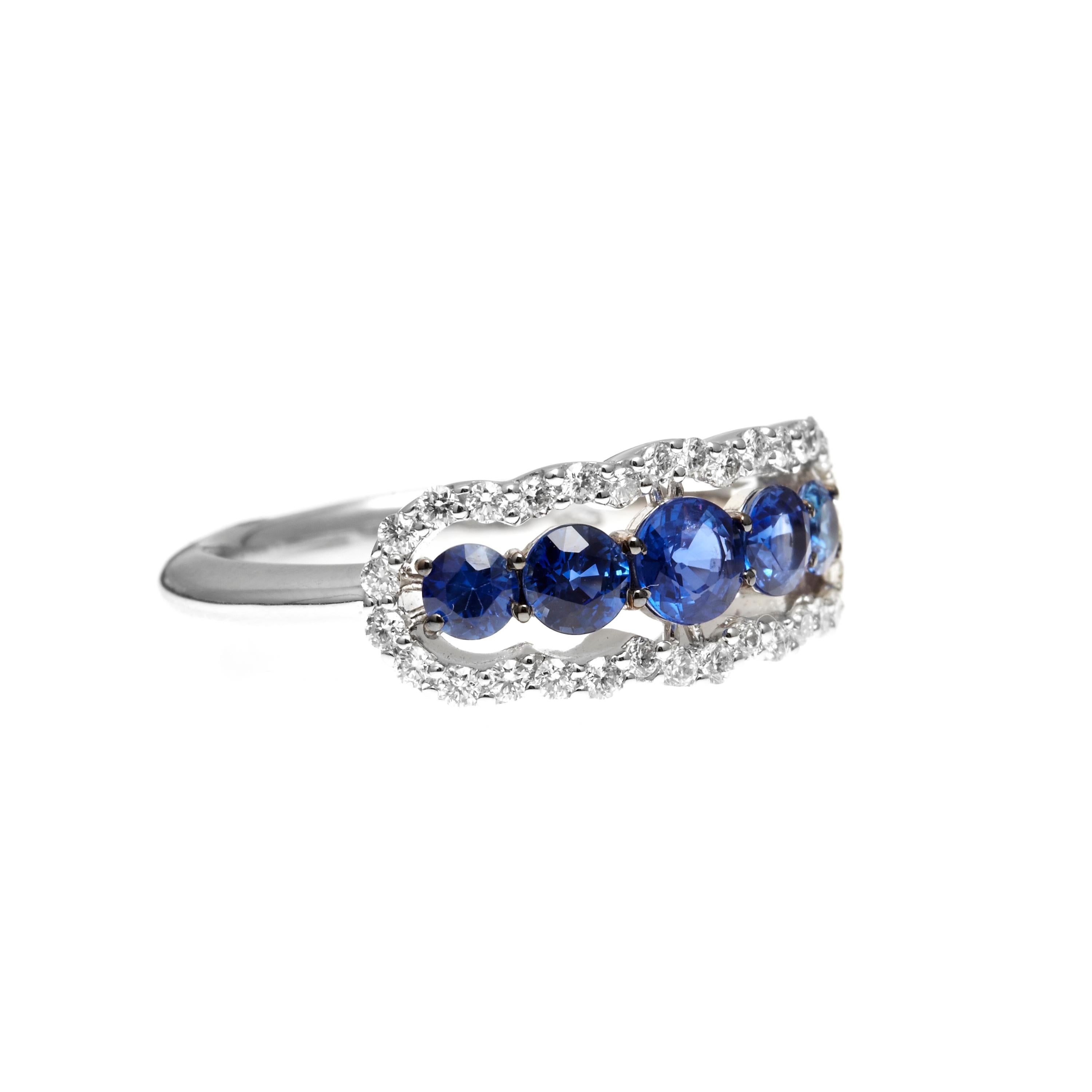 Round Cut 18kt White Gold 5-Stone Sapphire Ring with Diamond Halo For Sale