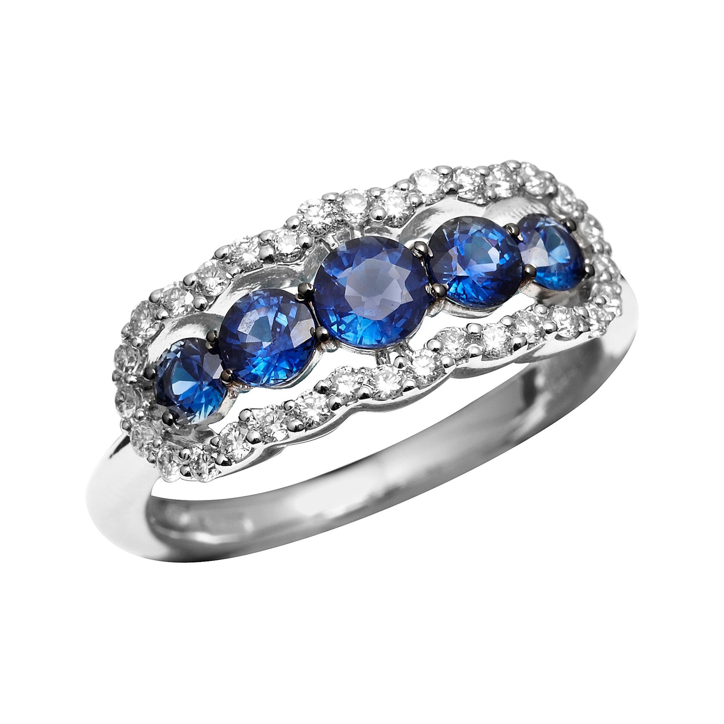 18kt White Gold 5-Stone Sapphire Ring with Diamond Halo For Sale