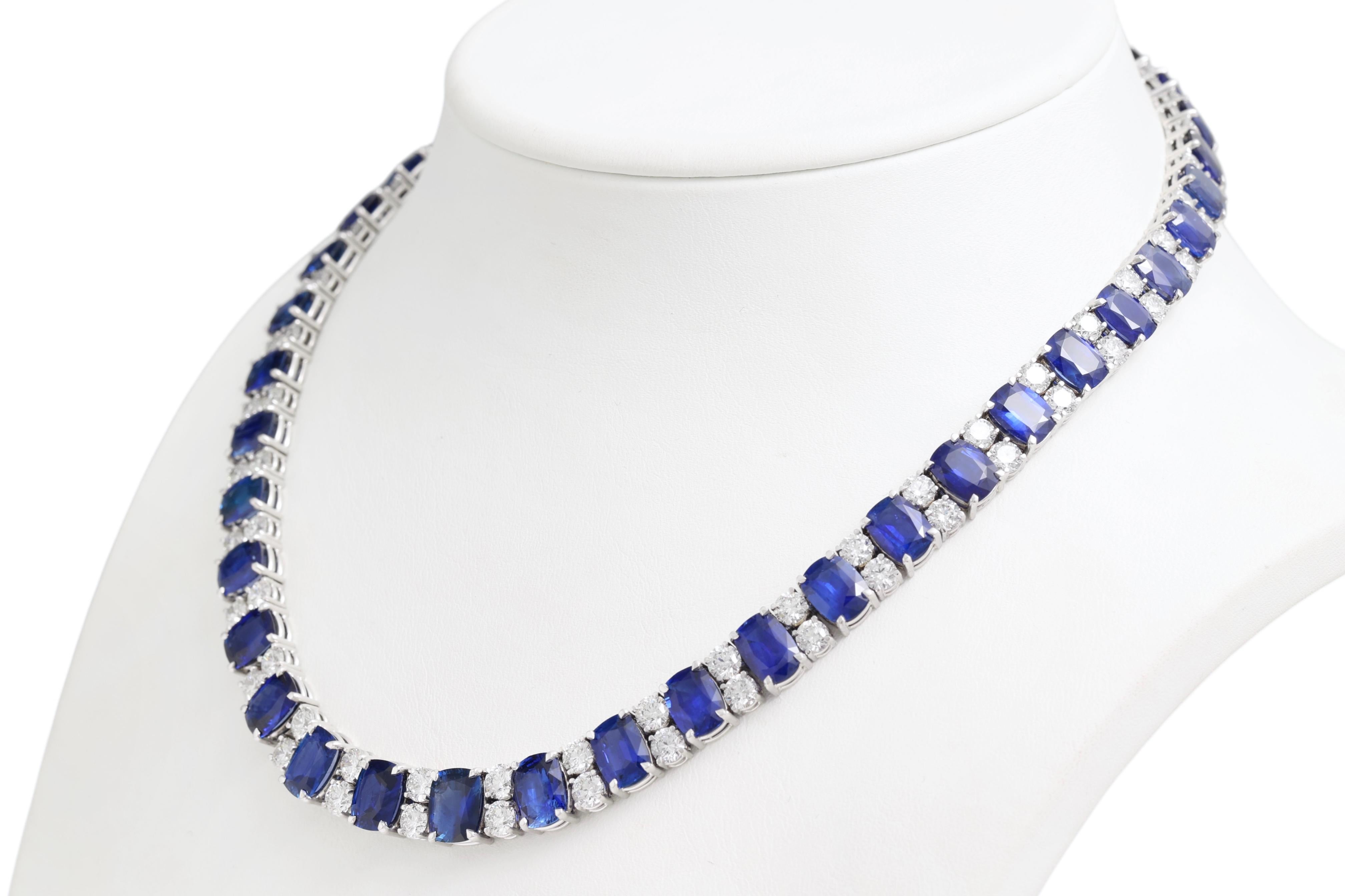 18kt White Gold 59.31ct Sapphire, 17.13ct Diamonds CGL Certified

Most beautiful Sapphire and diamond necklace (Also available to be bought as a set with matching bracelet and earrings)

Sapphires: 42 Vivid blue, Cushion shape, Ceylon Sapphire