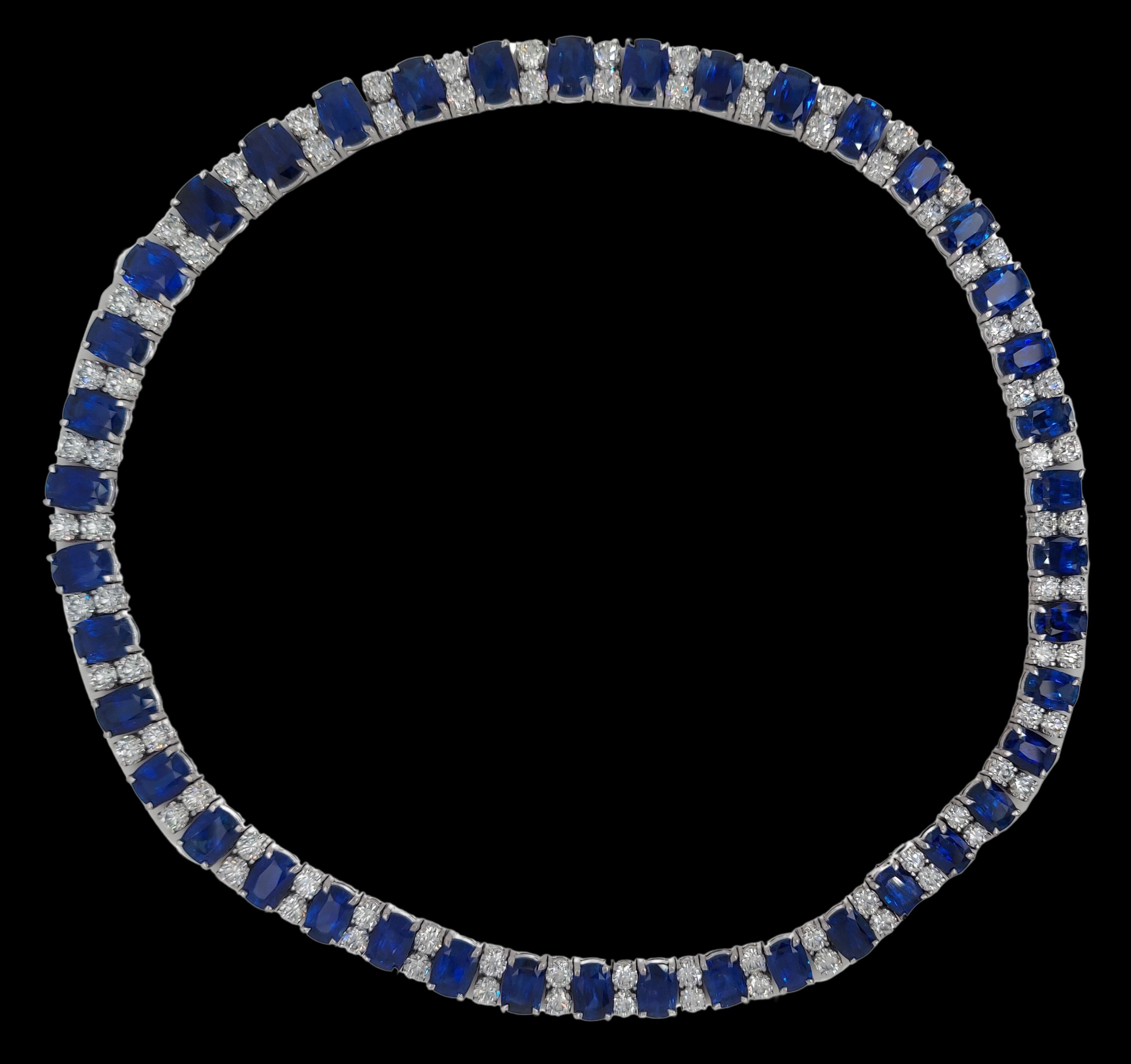 18kt White Gold 59.31ct Sapphire, 17.13ct Diamonds CGL Certified

Most beautiful Sapphire and diamond necklace (Also available to be bought as a set with matching bracelet and earrings)

Sapphires: 42 Vivid blue, Cushion shape, Ceylon Sapphire