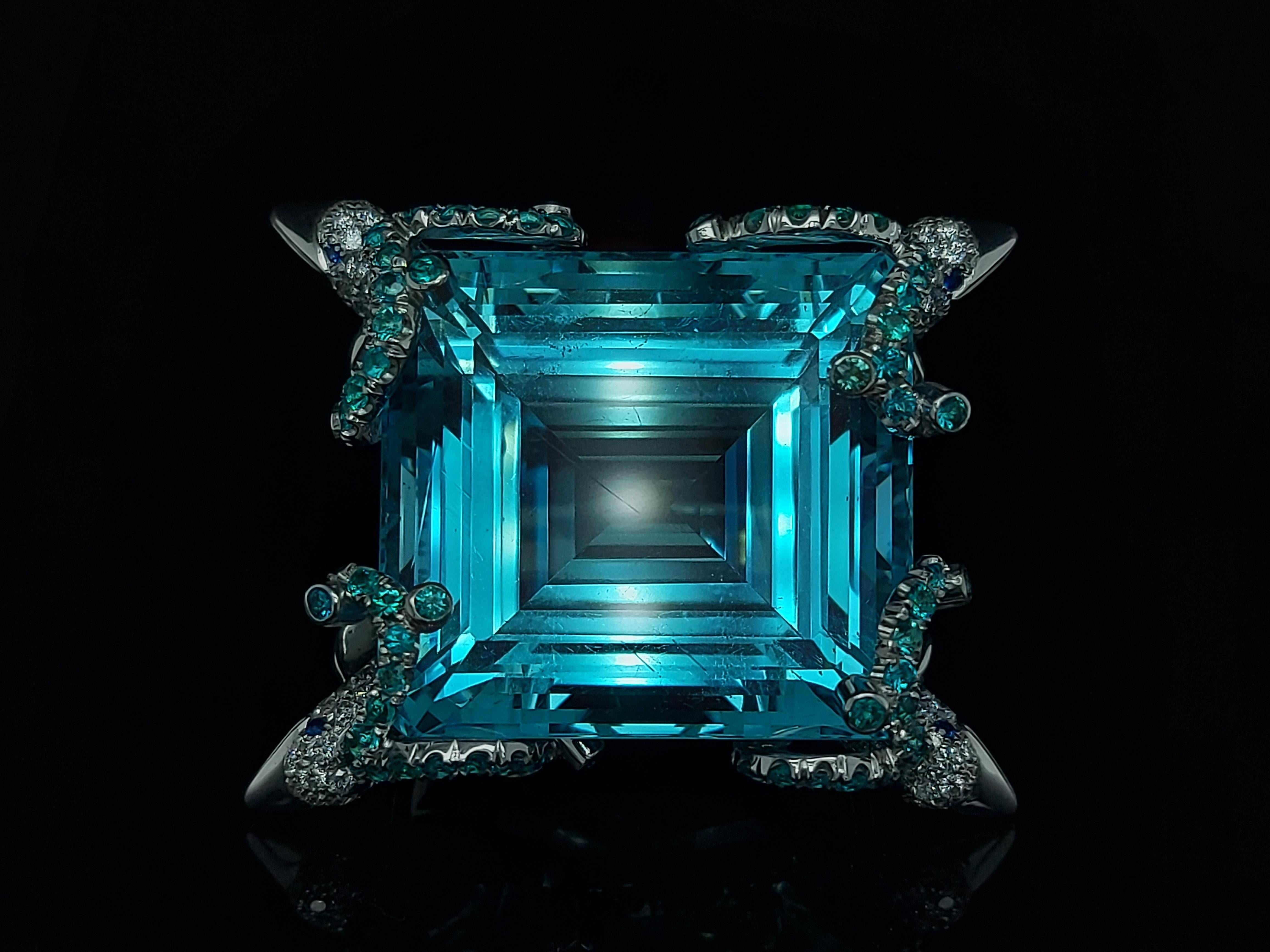 18Kt White Gold Large 59.96 Aquamarine Ring With 4 Dolphins Set With Diamonds 

Aquamarine: 59.96 Carat Aquamarine, 24.61*22.72*14.85

Blue paraiba tourmaline: 134 Blue paraiba tourmaline stones

Diamonds: 

Material: 18kt white gold

Total Weight: