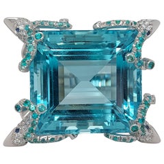 18Kt White Gold 59ct Aquamarine Ring, 4 Dolphins Diamonds & Paraiba Tourmaline