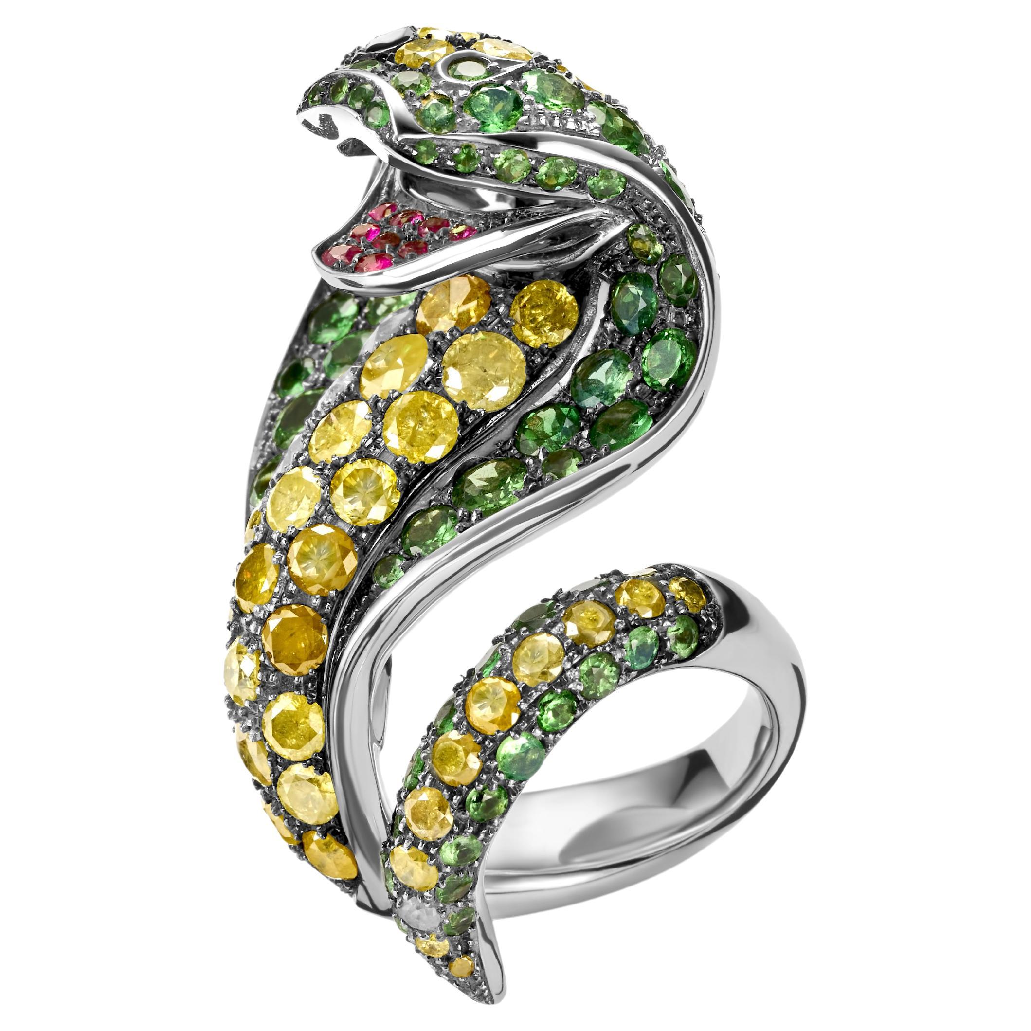 Paolo Piovan Bague Cobra en or blanc 18 carats, diamants 7 carats, tsavorite 5 carats et rubis 0,36