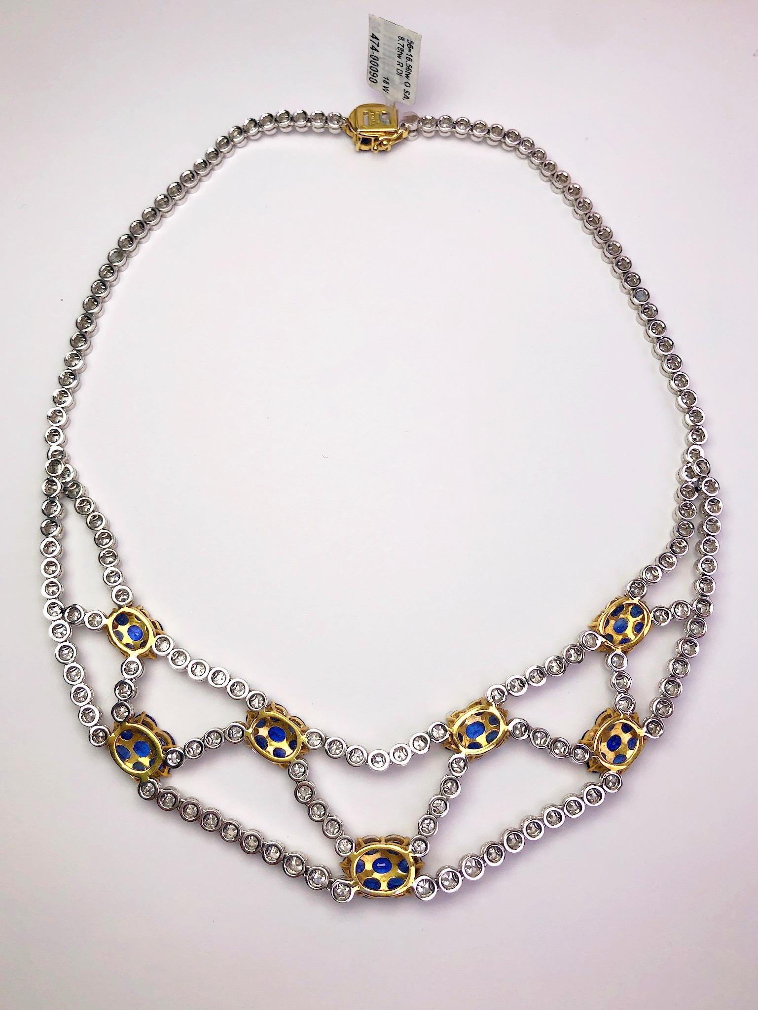 Retro 18 Karat White Gold, 8.78 Carat Diamond & 16.56 Carat Blue Sapphire Bib Necklace For Sale