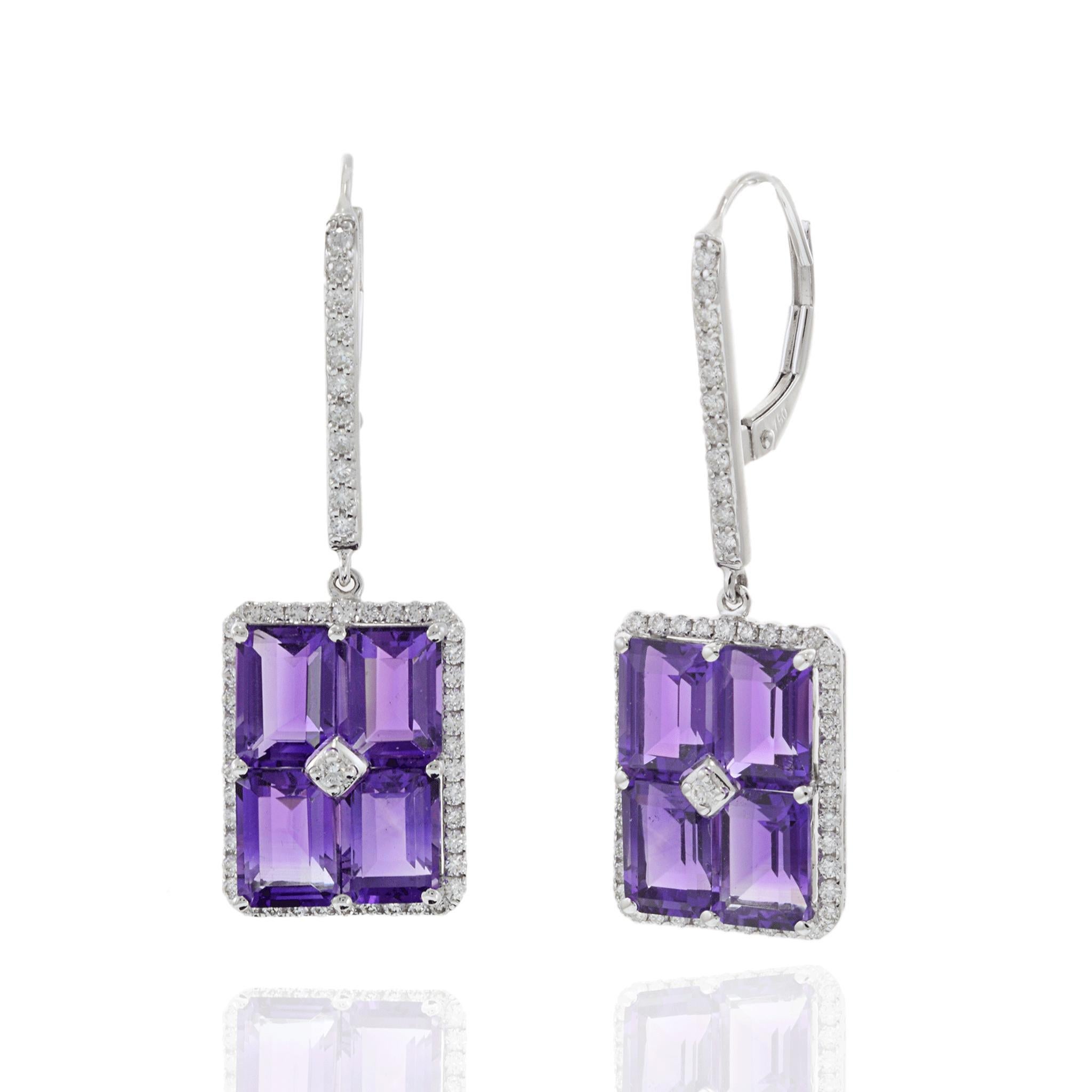 Taille émeraude Boucles d'oreilles pendantes en or blanc 18KT avec améthyste et diamant en vente