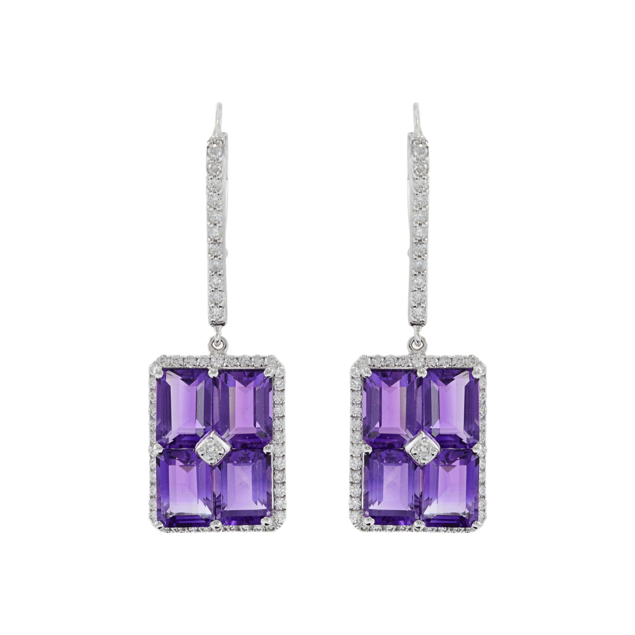 Boucles d'oreilles pendantes en or blanc 18KT avec améthyste et diamant Neuf - En vente à New York, NY