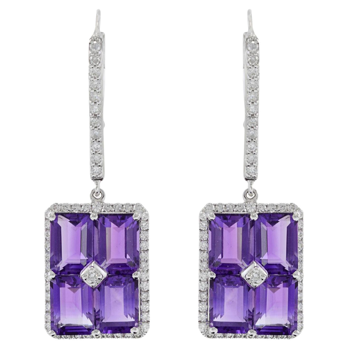 Boucles d'oreilles pendantes en or blanc 18KT avec améthyste et diamant